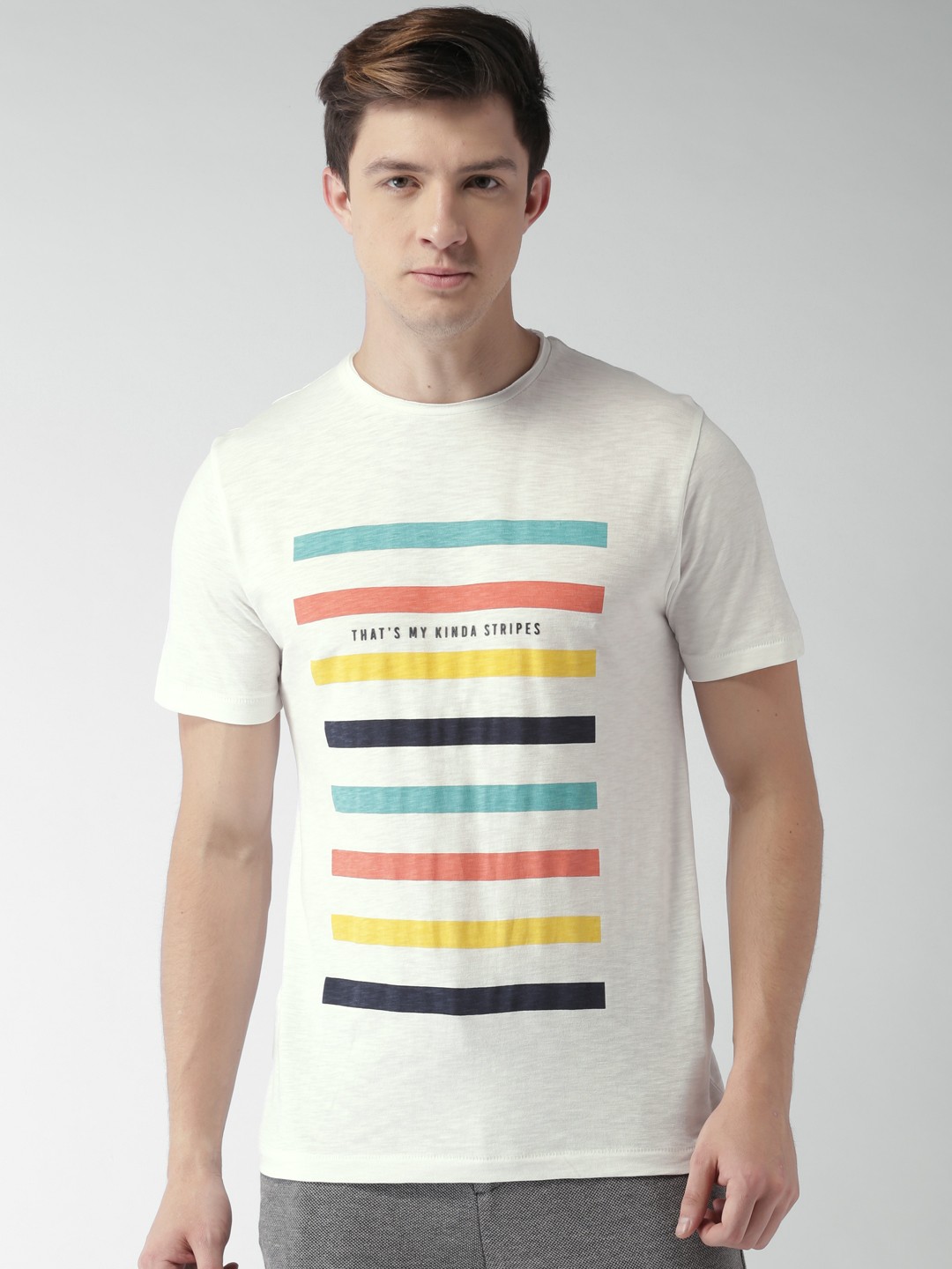 

Mast Harbour Men White Striped Round Neck Pure Cotton T-shirt
