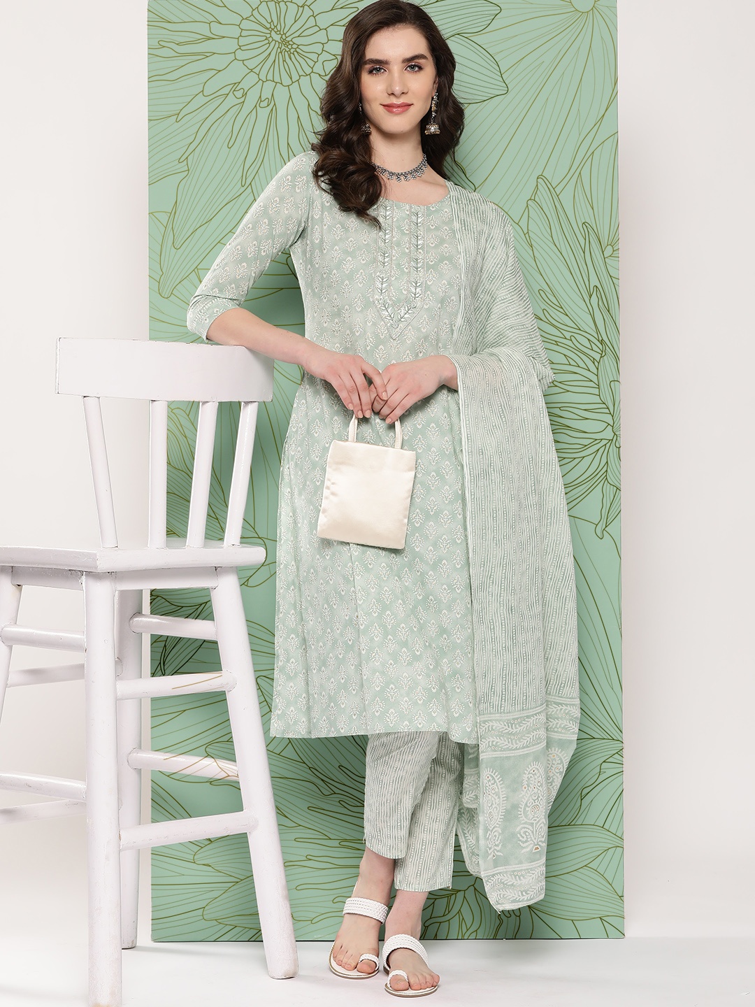 

Yufta Women Ethnic Motifs Embroidered Kurta with Trousers & Dupatta, Sea green