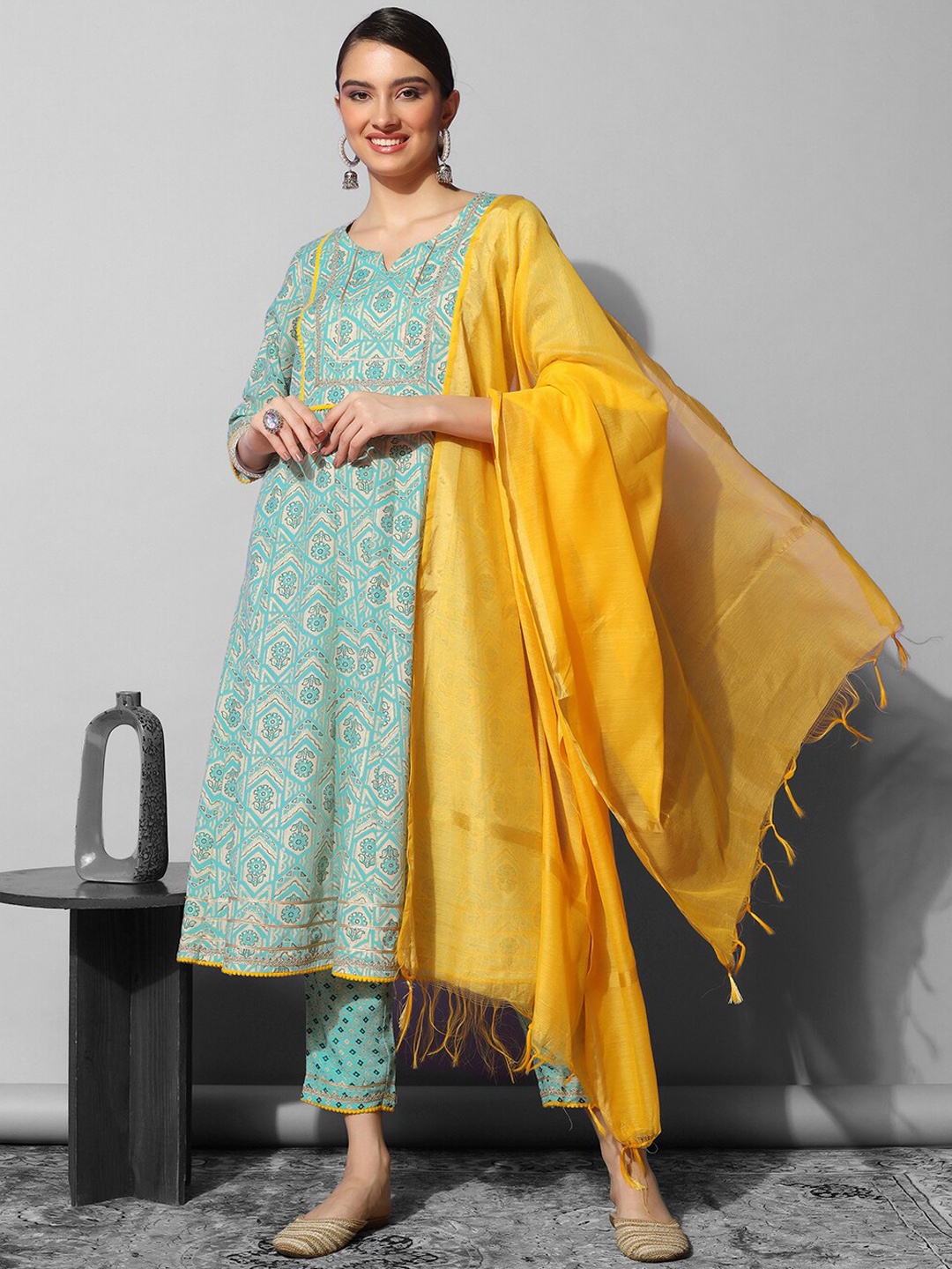 

KALINI Ethnic Motifs Printed A-Line Zari Kurta with Trousers & Dupatta, Blue