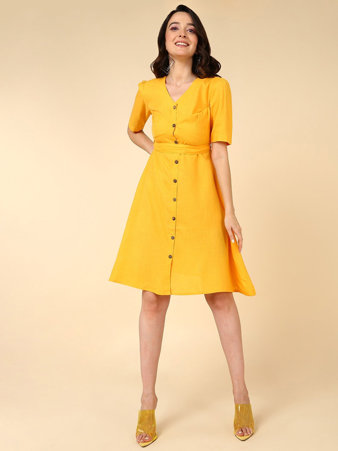 

Mast & Harbour Yellow Cotton A-Line Dress With Belt