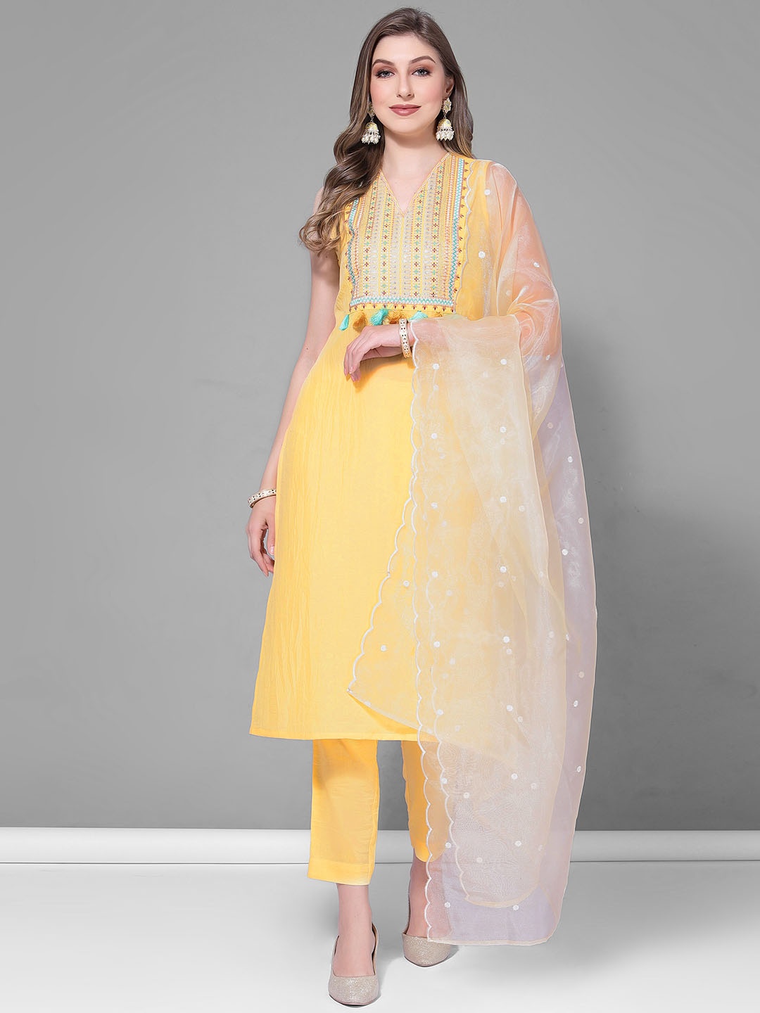 

KALINI Ethnic Motifs Embroidered Sequined Kurta with Trousers & Dupatta, Yellow