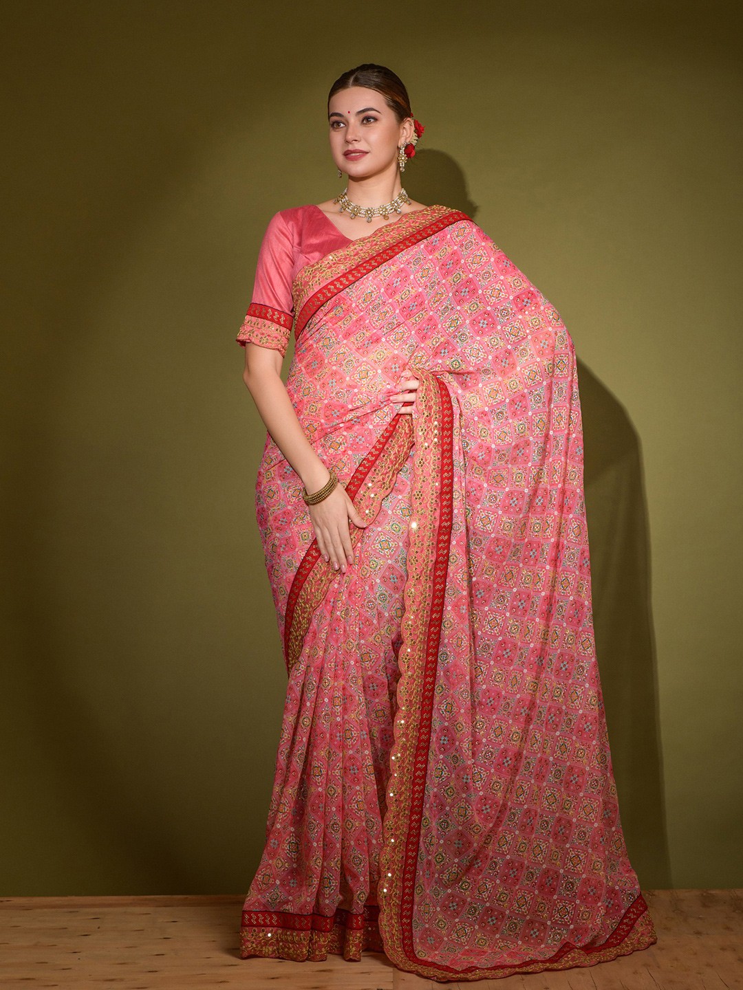 

VEERAX Ethnic Motifs Printed Embroidered Pure Georgette Saree, Pink