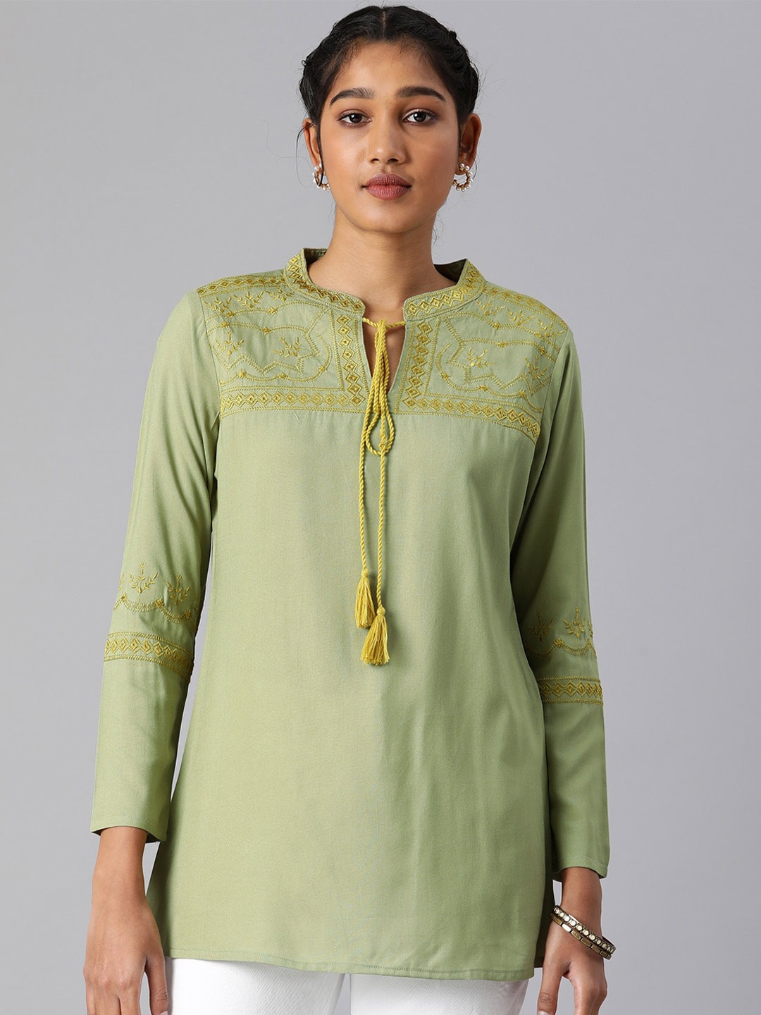 

Mast & Harbour Green Embroidered Tie-Up Neck Long Sleeves Casual Top