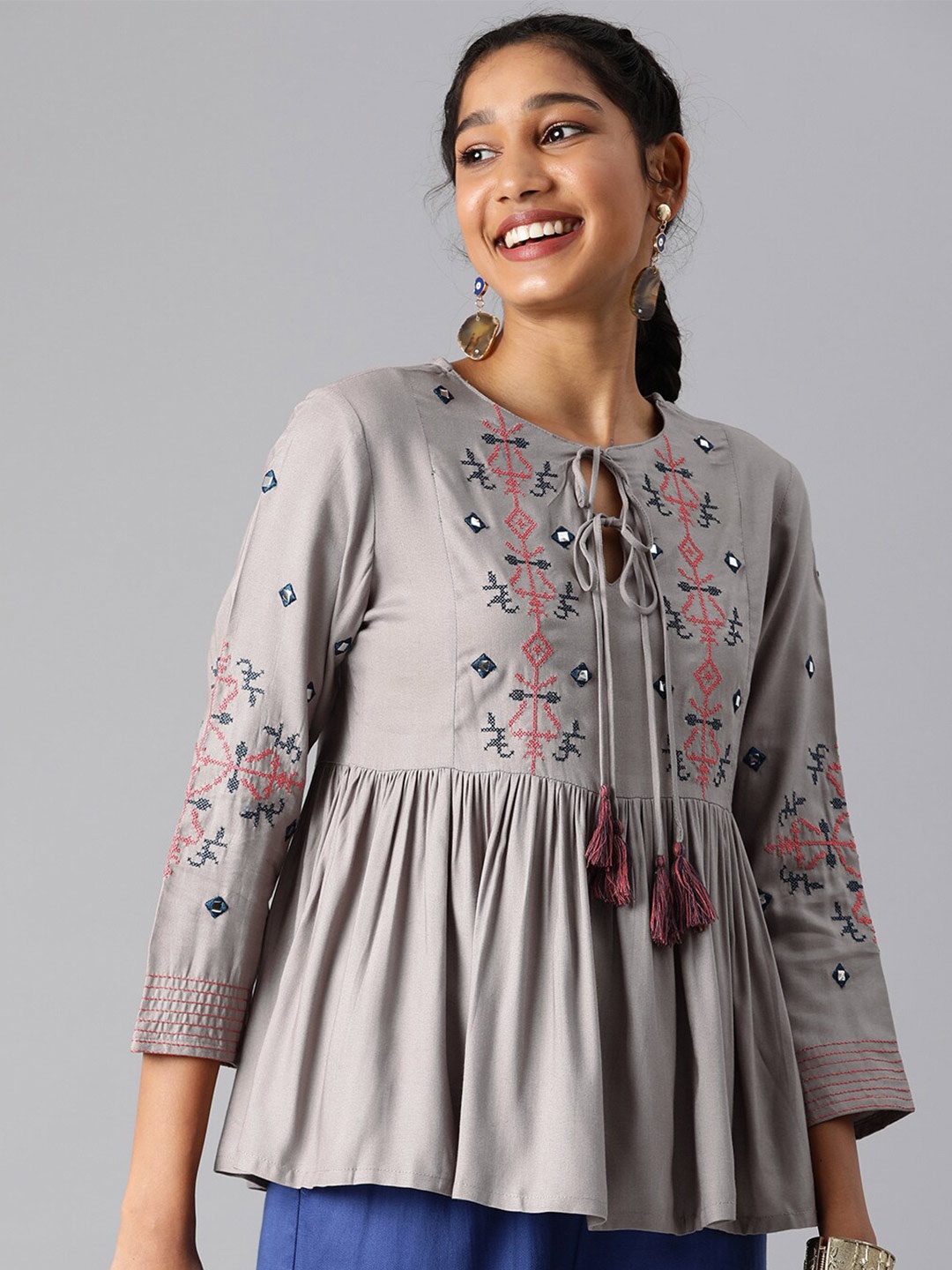 

Mast & Harbour Grey Geometric Embroidered & Mirror Embellished Tie-Up Neck Peplum Top