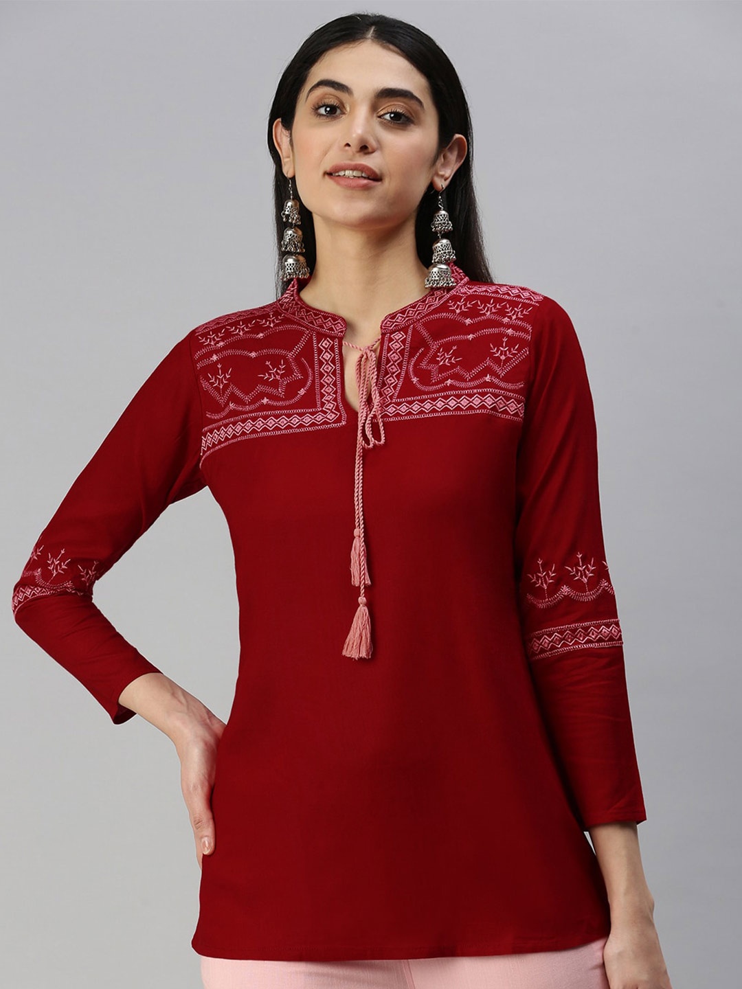 

Mast & Harbour Red Ethnic Embroidered Tie-Up Neck Casual Top