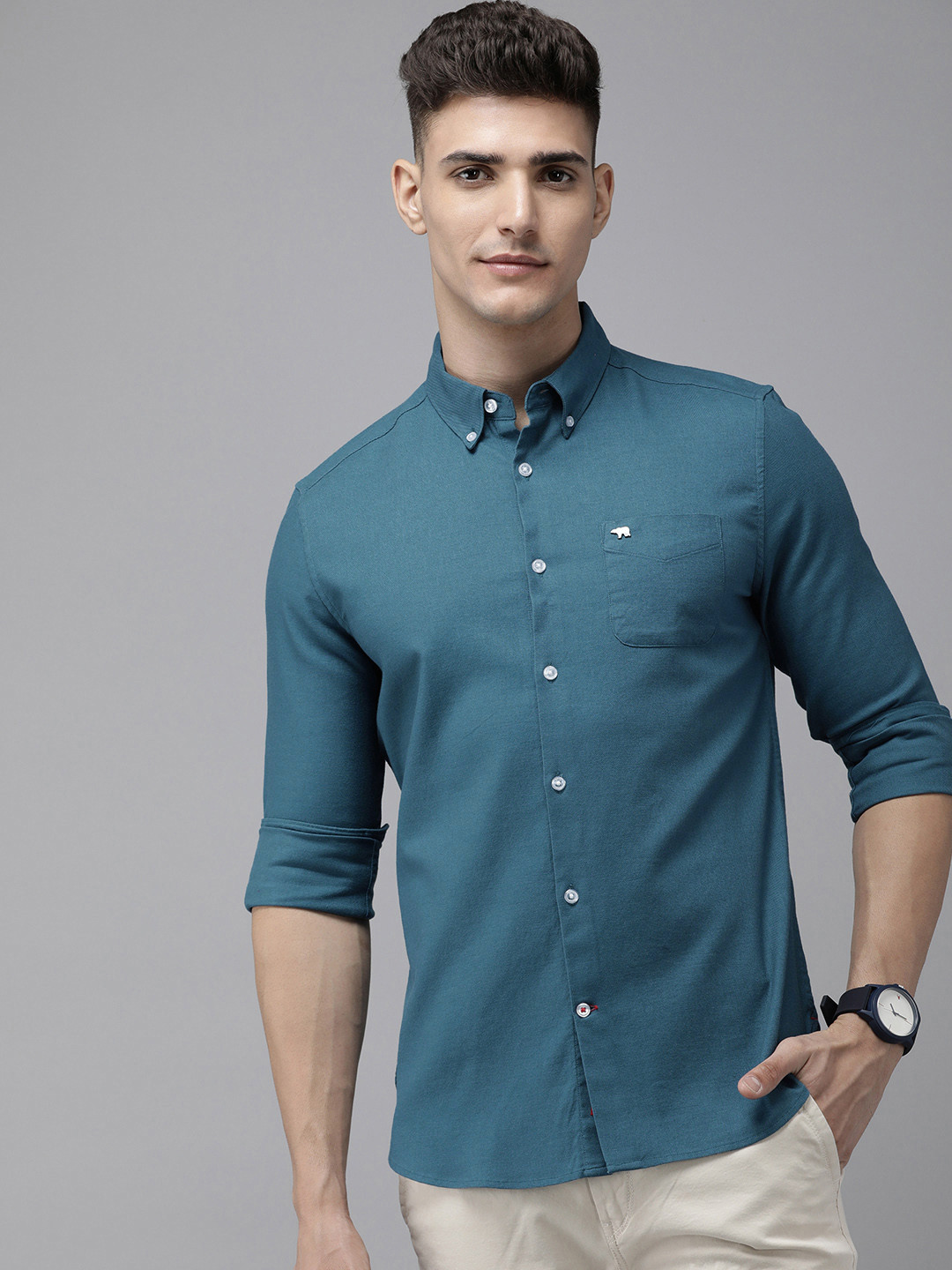 

THE BEAR HOUSE Men Teal Slim Fit Opaque Casual Shirt