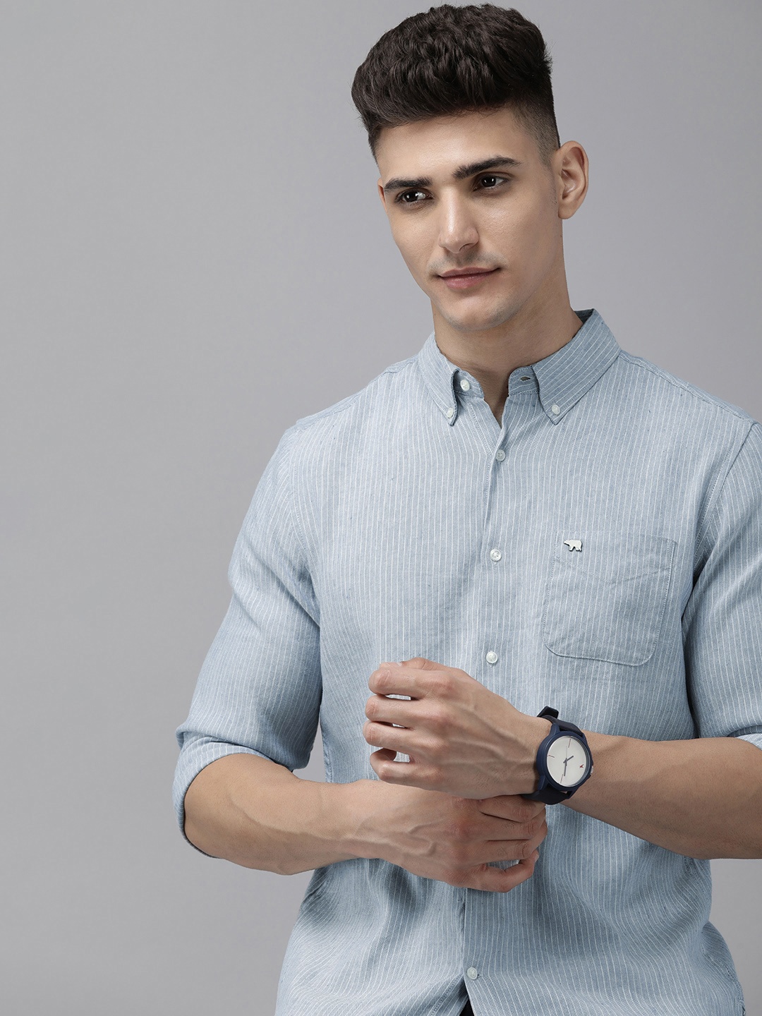 

THE BEAR HOUSE Men Blue Slim Fit Opaque Striped Casual Shirt