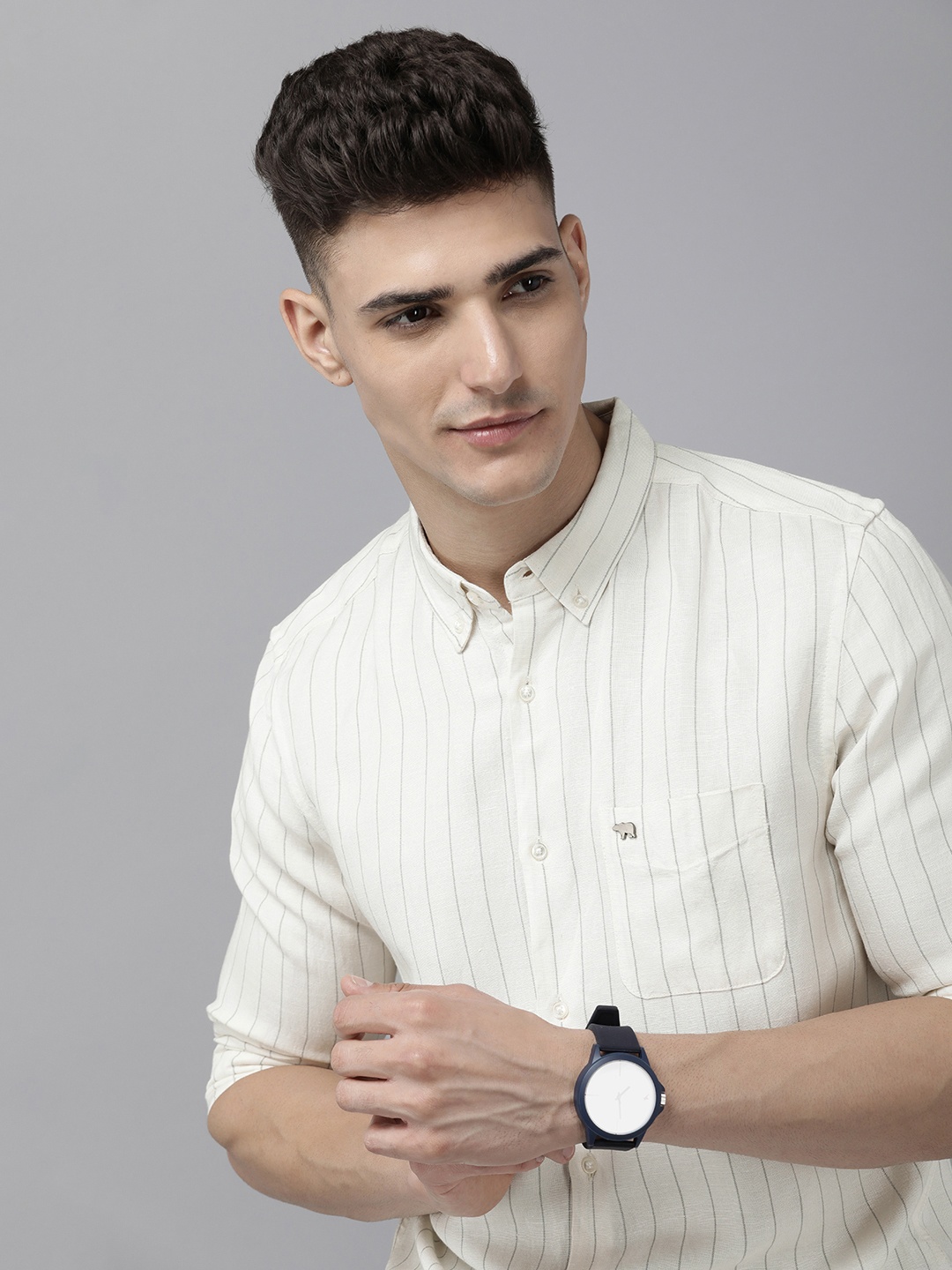

THE BEAR HOUSE Men White Slim Fit Opaque Striped Casual Shirt