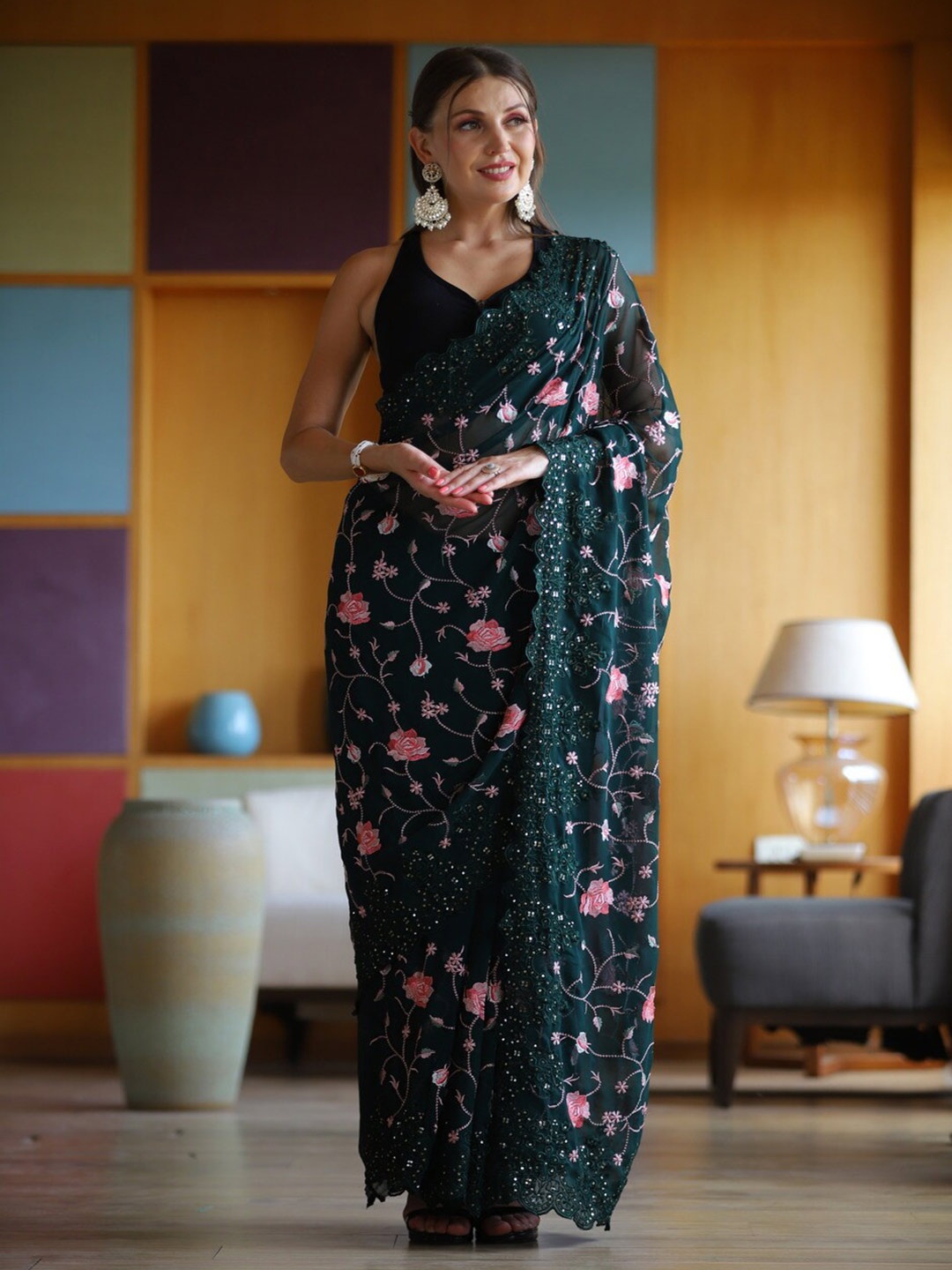 

Atulyam Tex World Floral Embellished Embroidered Pure Georgette Saree, Green