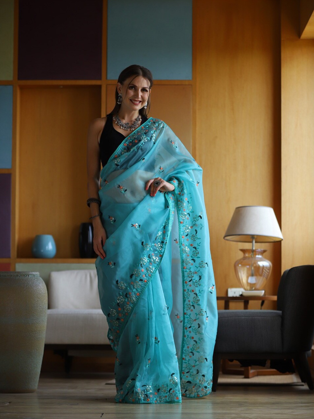 

Atulyam Tex World Floral Embroidered Organza Saree, Turquoise blue