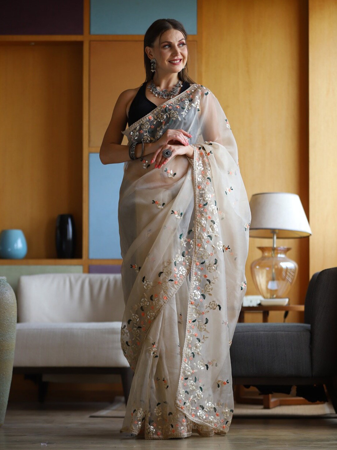 

Atulyam Tex World Floral Embroidered Organza Saree, Beige