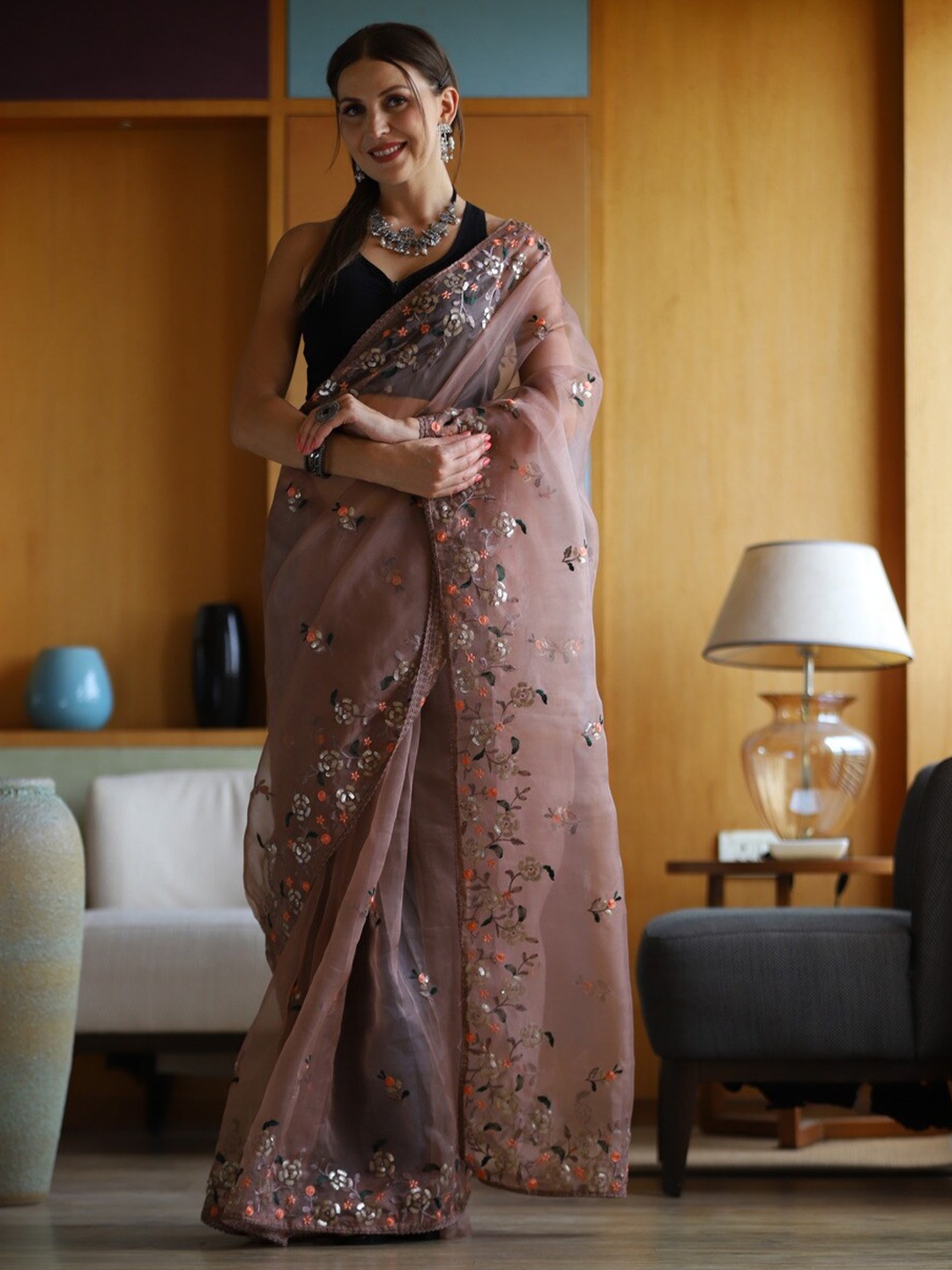 

Atulyam Tex World Floral Embroidered Organza Saree, Brown