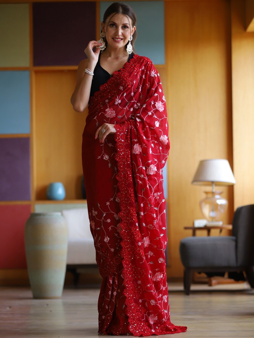 

Atulyam Tex World Floral Embellished Embroidered Pure Georgette Saree, Red
