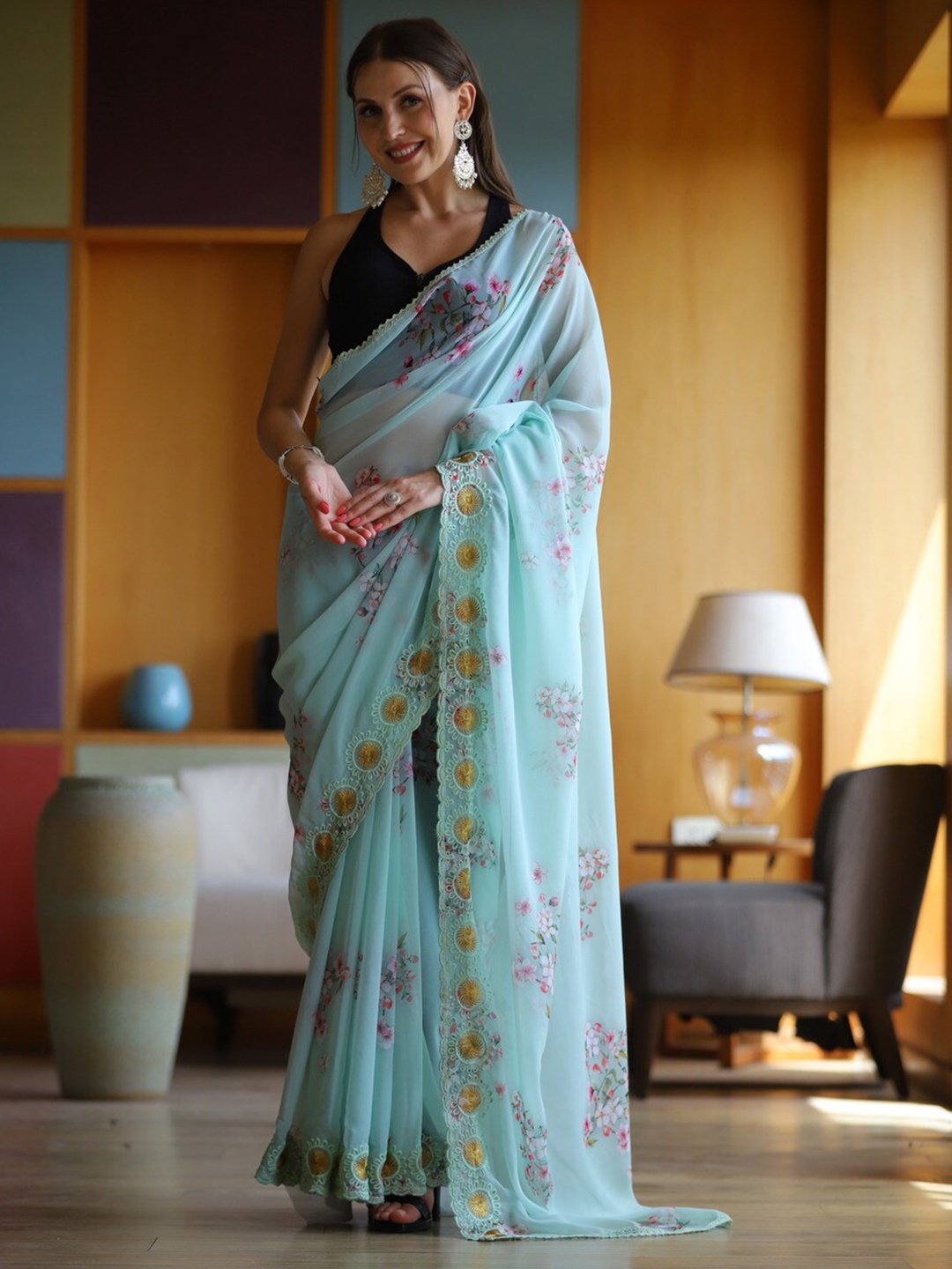 

Atulyam Tex World Floral Embroidered Pure Georgette Saree, Sea green
