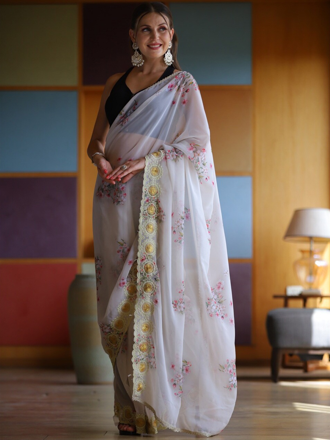 

Atulyam Tex World Floral Printed Embroidered Pure Georgette Saree, Grey