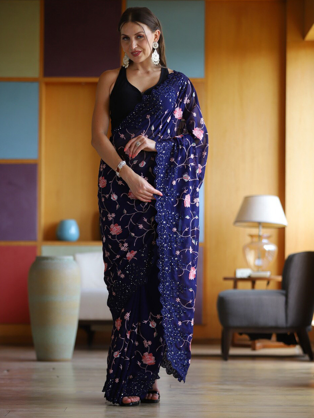 

Atulyam Tex World Floral Embroidered Pure Georgette Saree, Navy blue