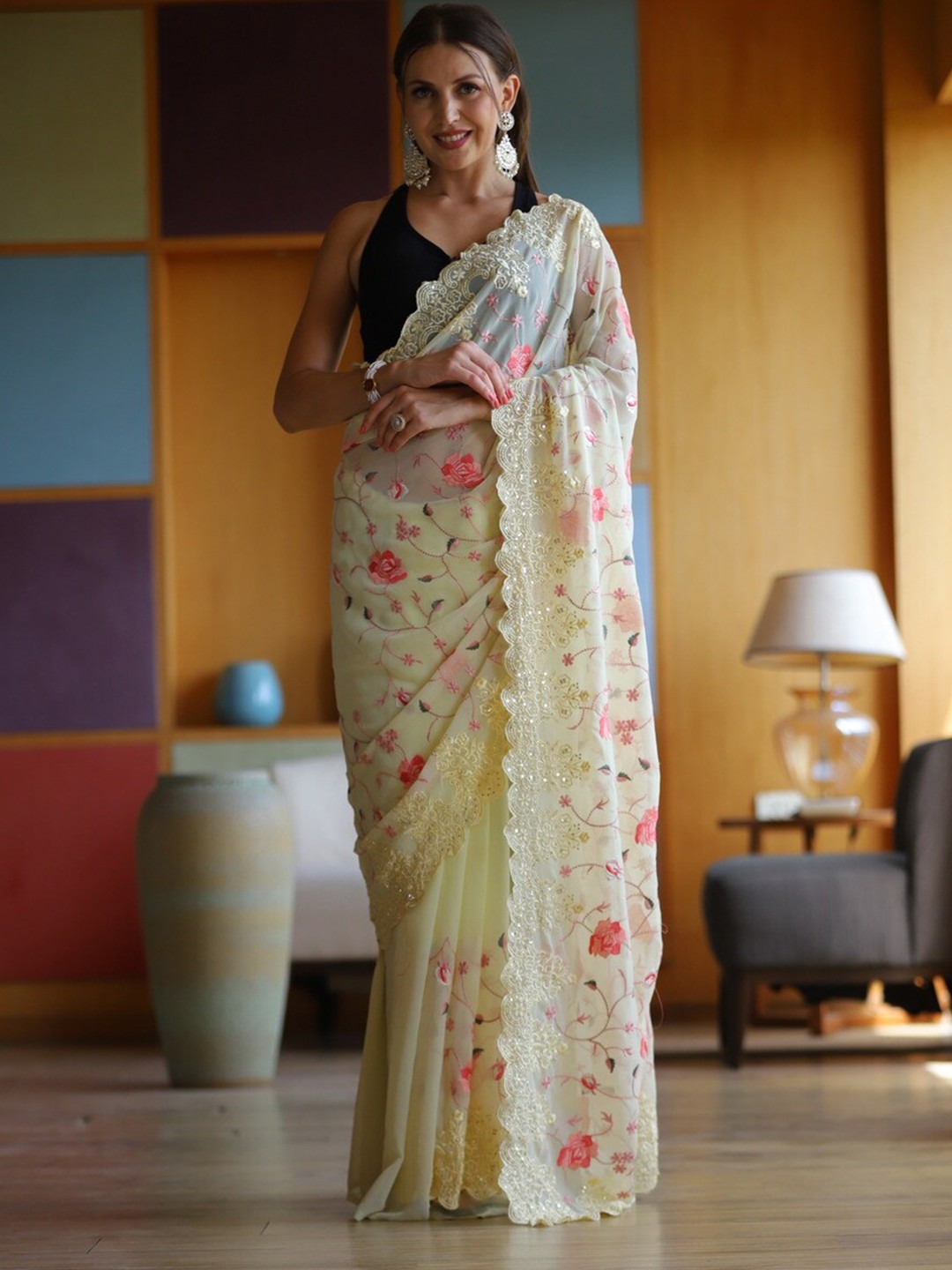 

Atulyam Tex World Floral Printed Embroidered Pure Georgette Saree, Cream