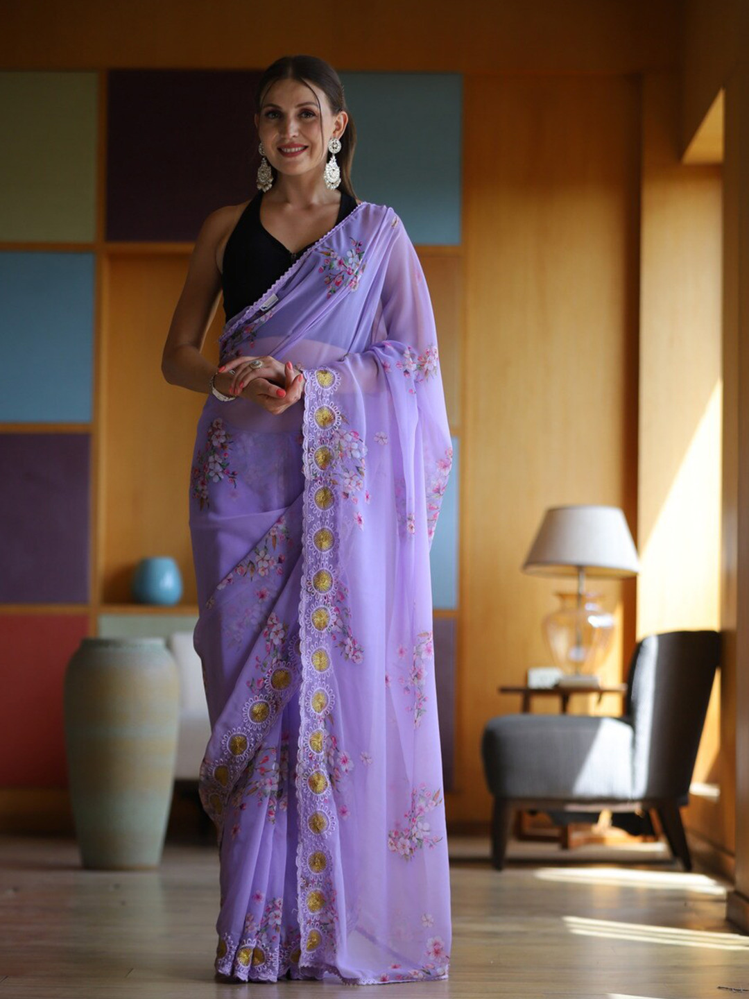 

Atulyam Tex World Floral Embroidered Pure Georgette Saree, Purple