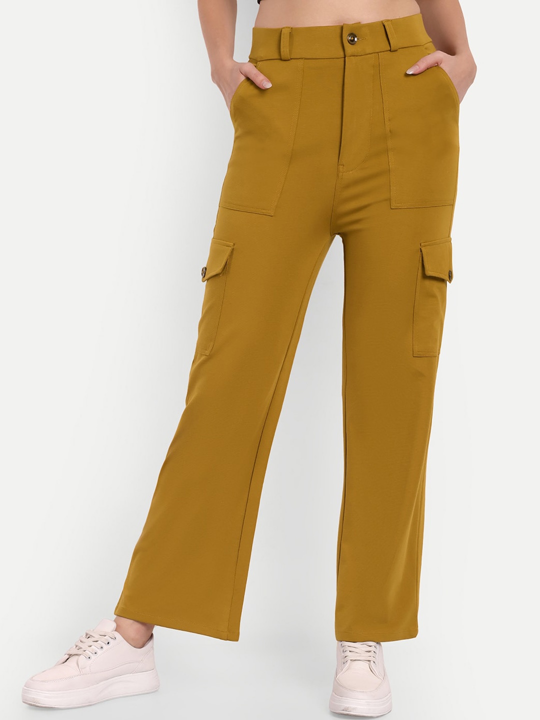 

BROADSTAR Women Smart Straight Fit High-Rise Easy Wash Cargo Trousers, Mustard