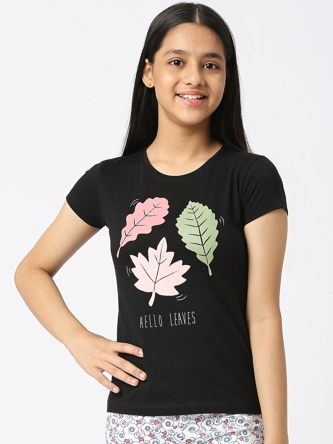 

SINI MINI Girls Printed Pure Cotton Lounge T-Shirt, Black