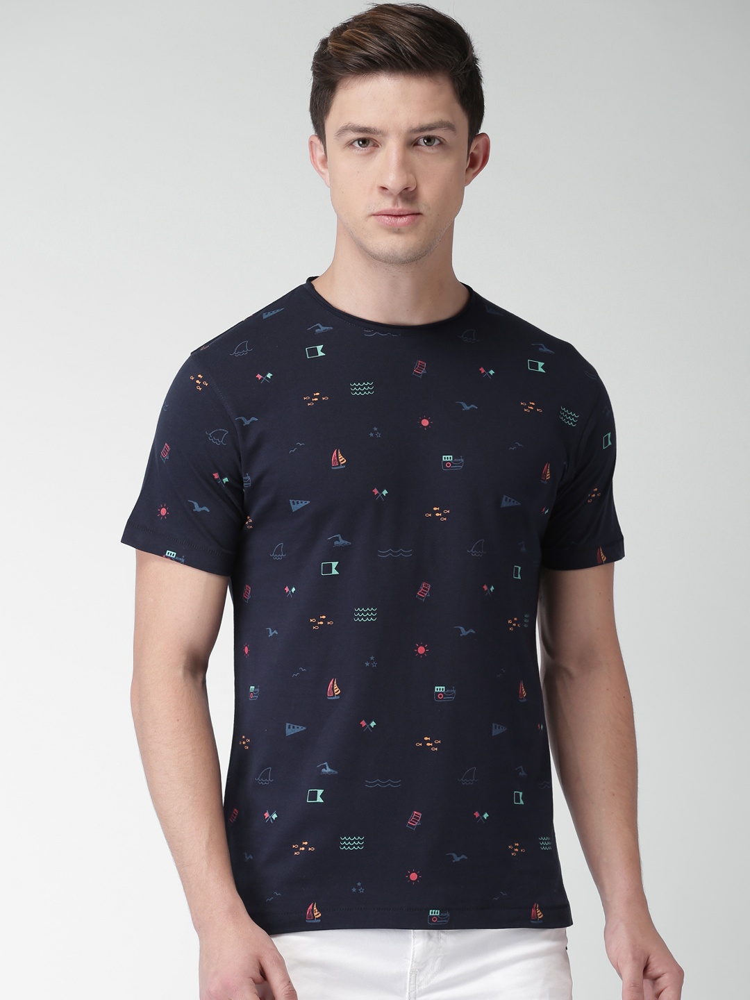 

Mast Harbour Men Navy Printed Round Neck Pure Cotton T-shirt, Navy blue