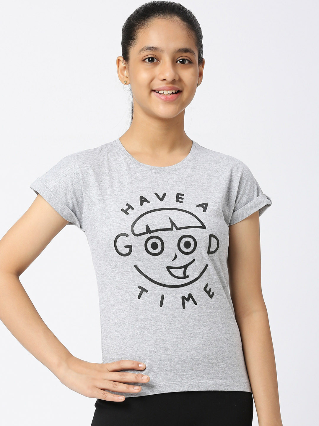 

SINI MINI Girls Typography Printed Pure Cotton Lounge T-Shirt, Grey melange