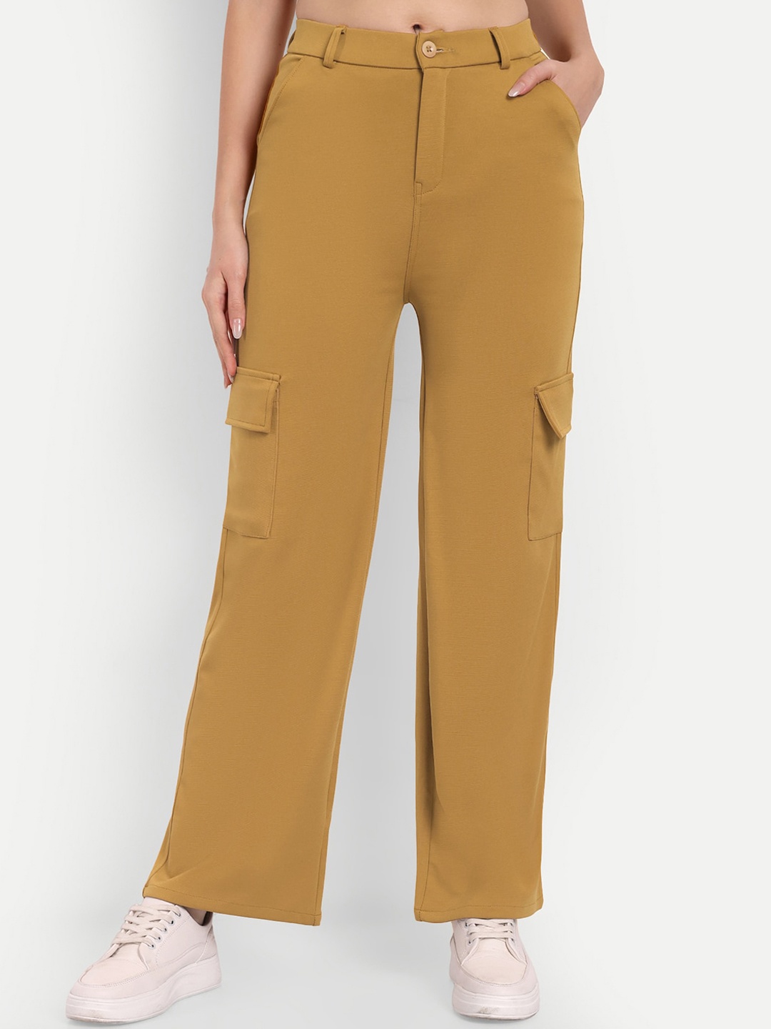 

Next One Women Smart Straight Fit High-Rise Easy Wash Cargos Trousers, Mustard
