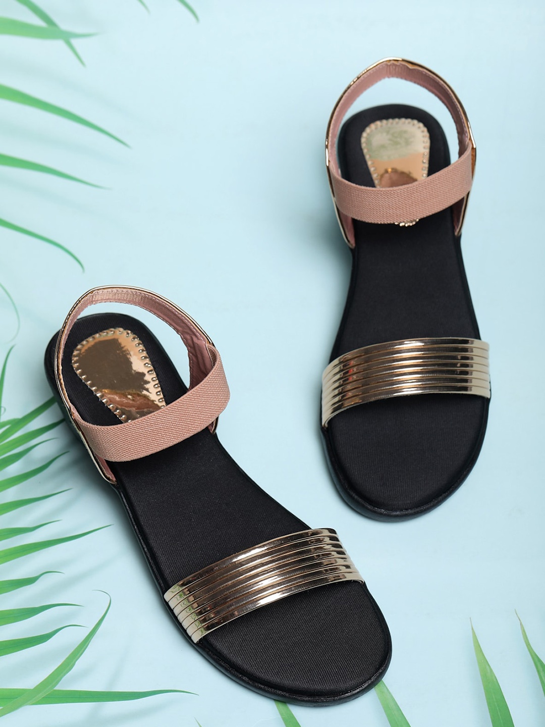 

FABBMATE Textured Open Toe Flats With Backstrap, Gold