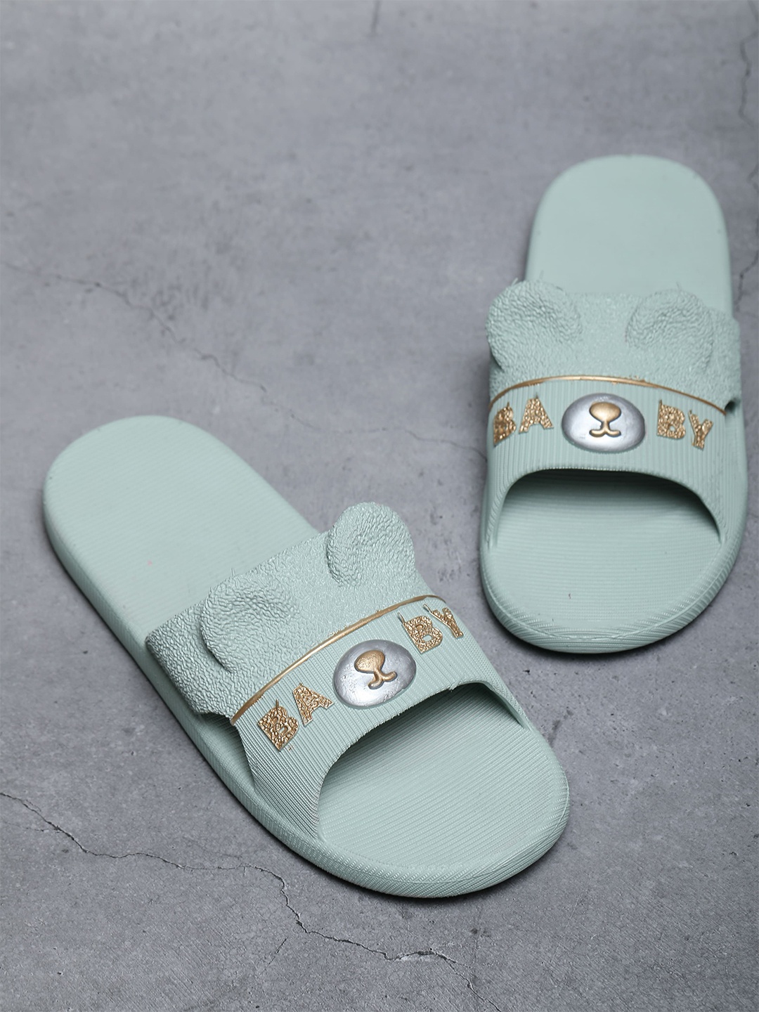 

FABBMATE Women Self Design Sliders, Sea green