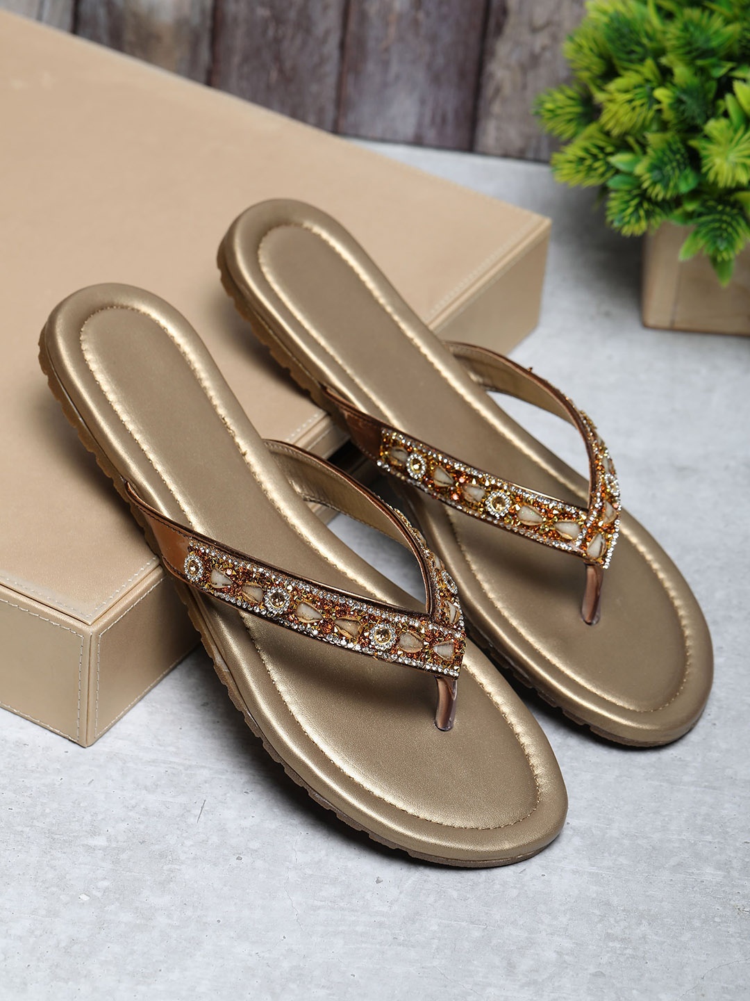 

FABBMATE Embellished Open Toe Flats, Gold