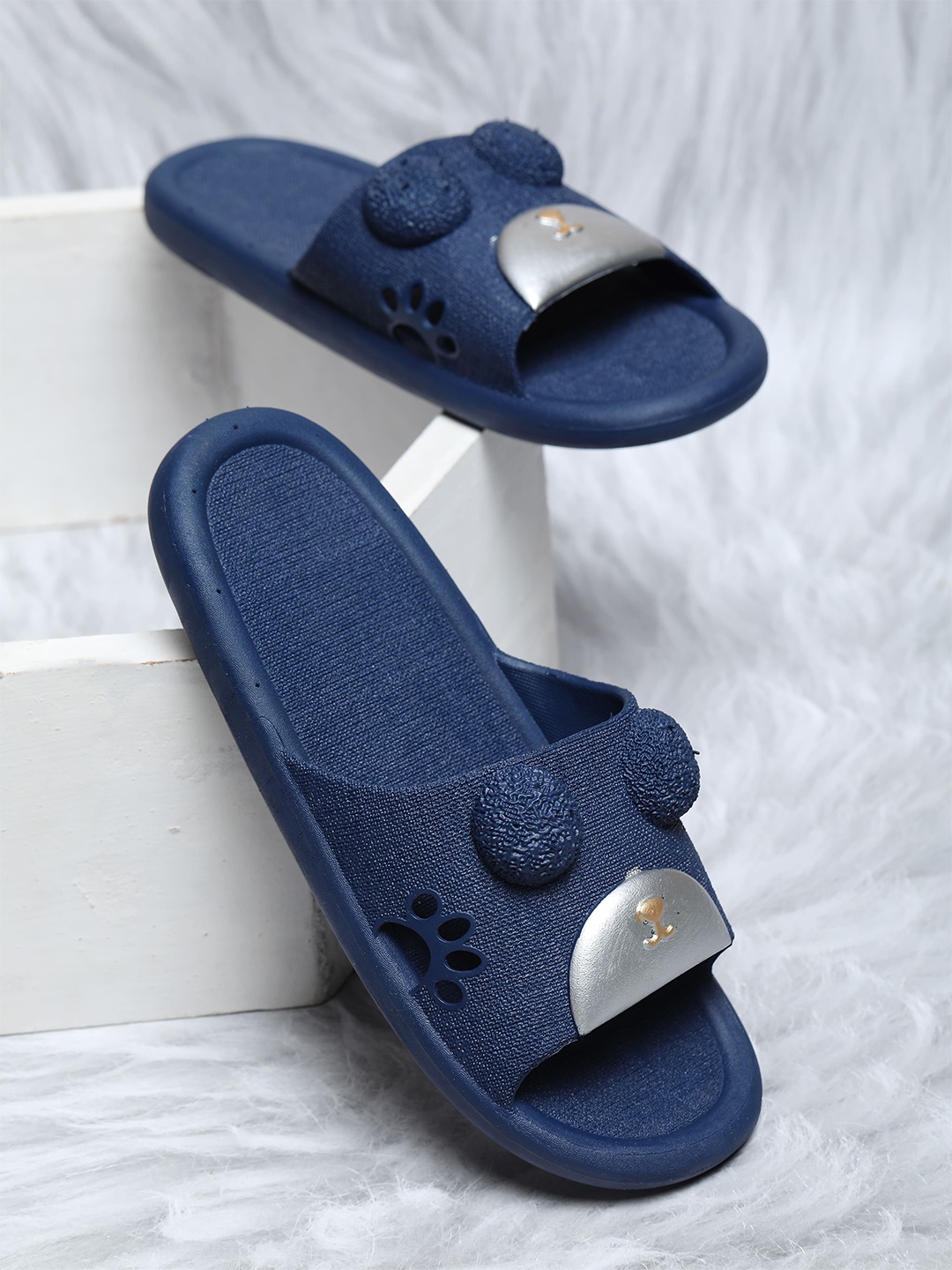 

FABBMATE Women Self Design Sliders, Navy blue