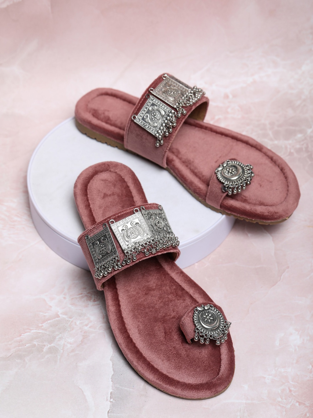 

FABBMATE Embellished Open One Toe Flats, Pink