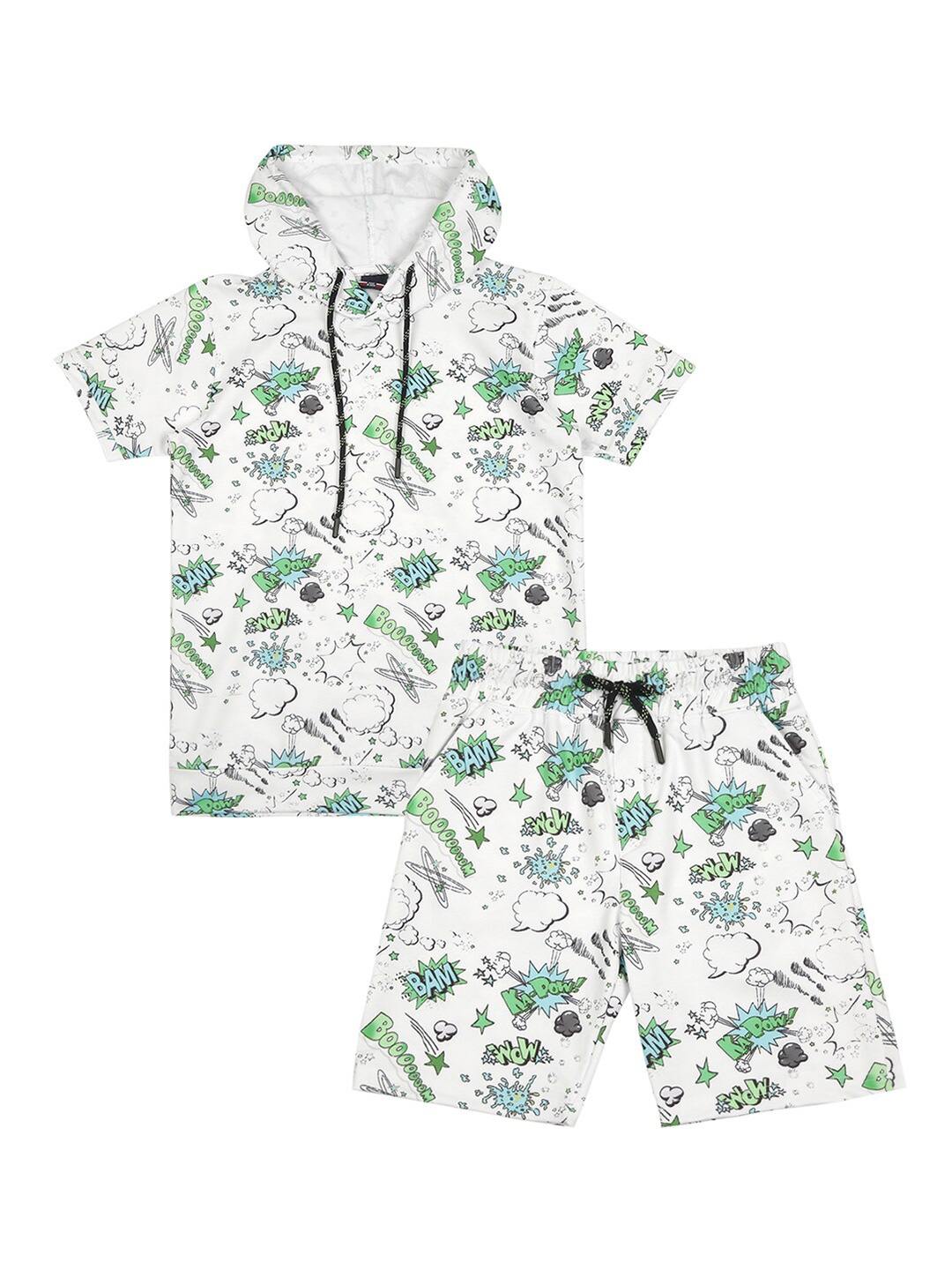 

CAVIO Boys Printed Hooded T-shirt With Shorts Set, White