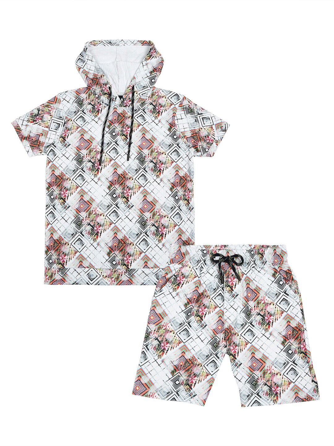 

CAVIO Boys Printed Hooded T-shirt With Shorts Set, White