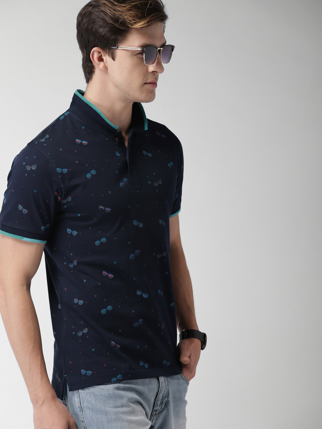 

Mast Harbour Men Navy Blue Printed Polo Pure Cotton T-shirt