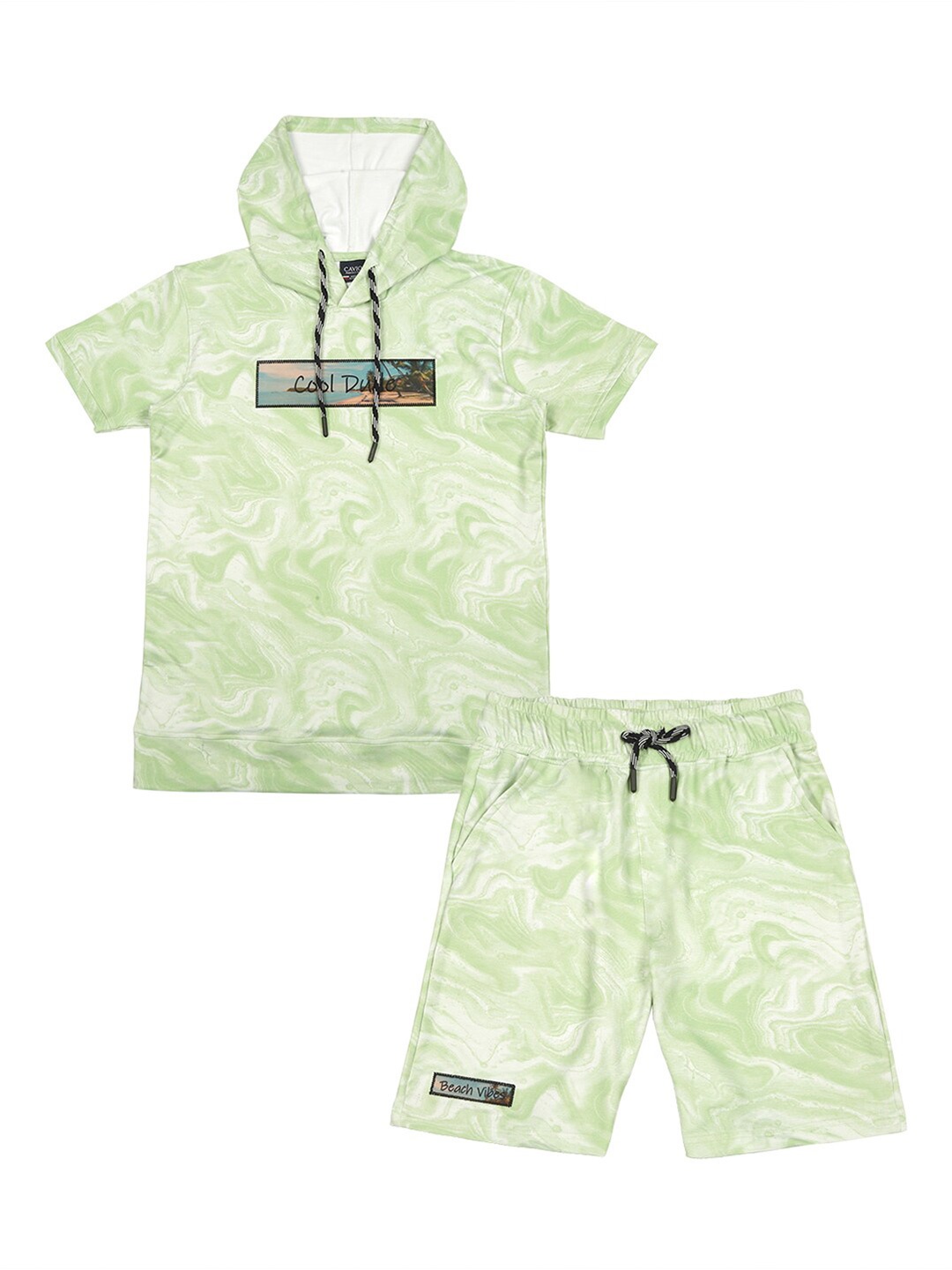 

CAVIO Boys Printed Hooded T-shirt With Shorts Set, Green