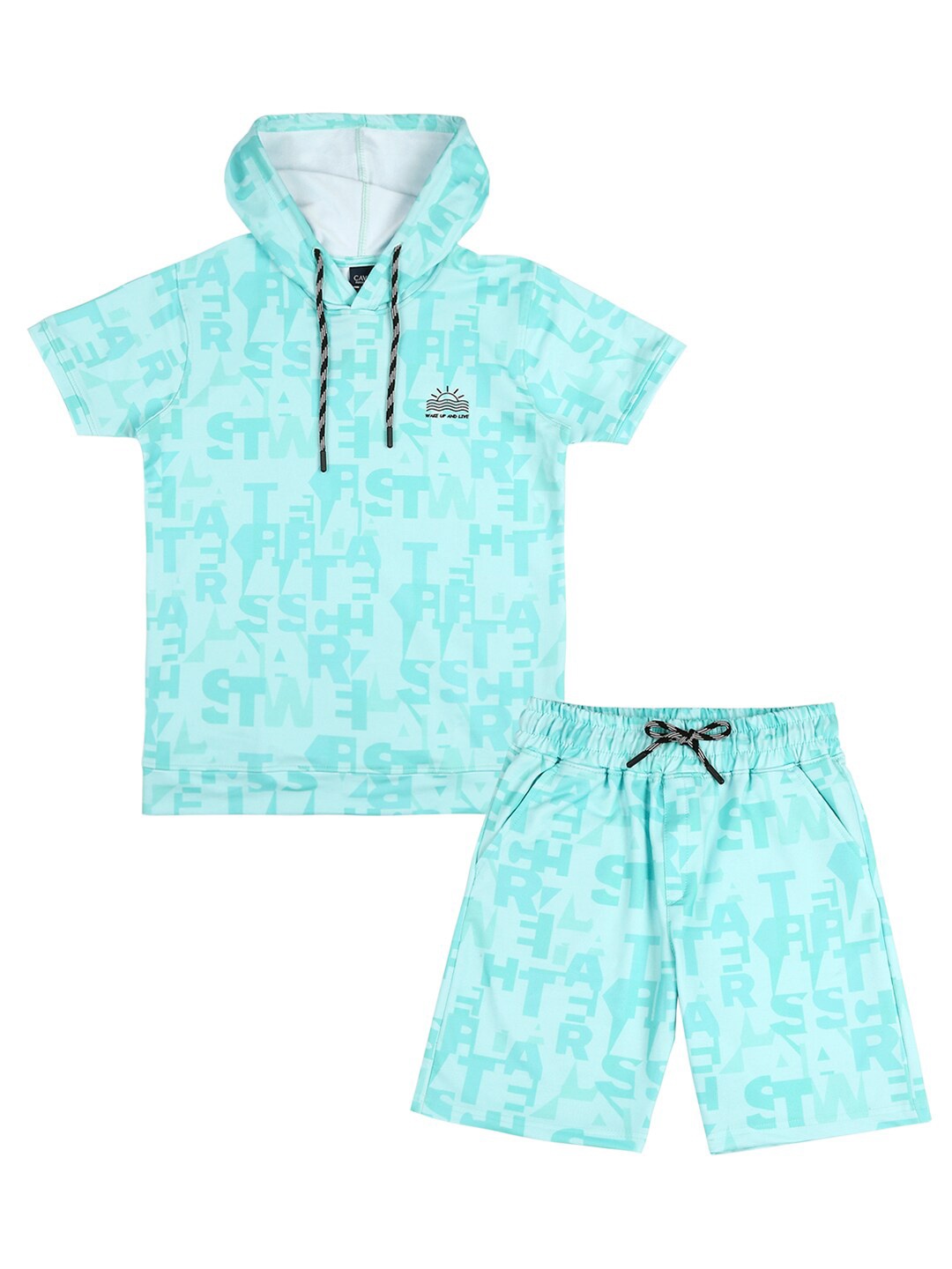 

CAVIO Boys Printed Hooded T-shirt With Shorts Set, Sea green