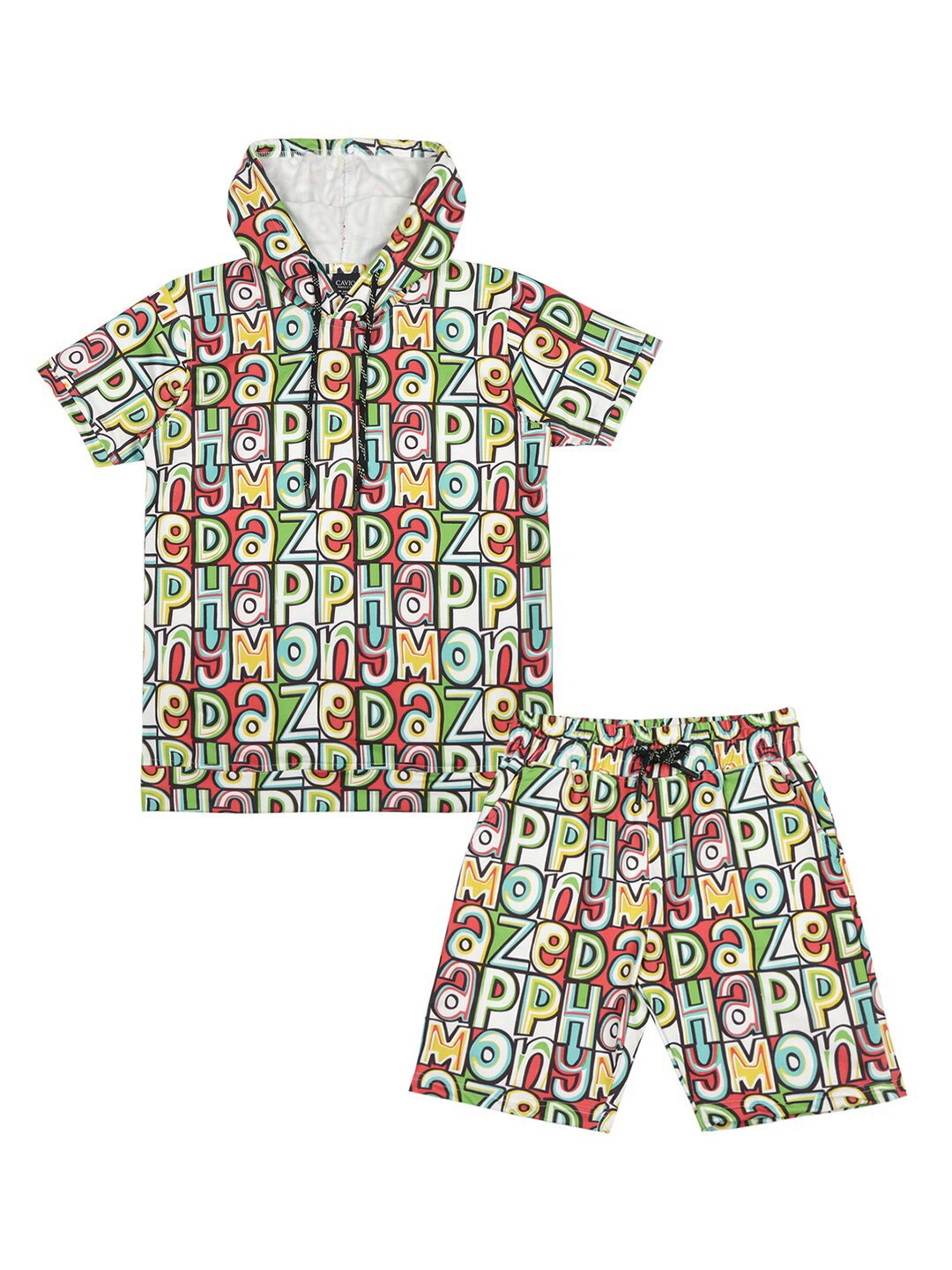 

CAVIO Boys Printed Hooded T-shirt with Shorts, White