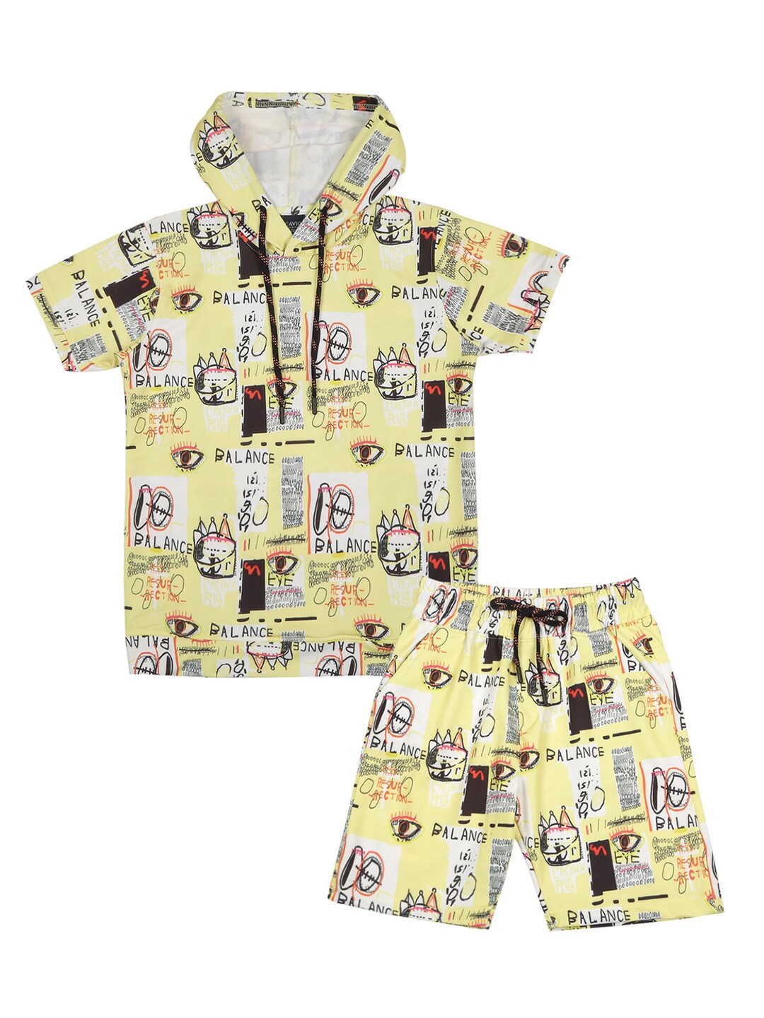 

CAVIO Boys Printed Hooded T-shirt with Shorts, Yellow