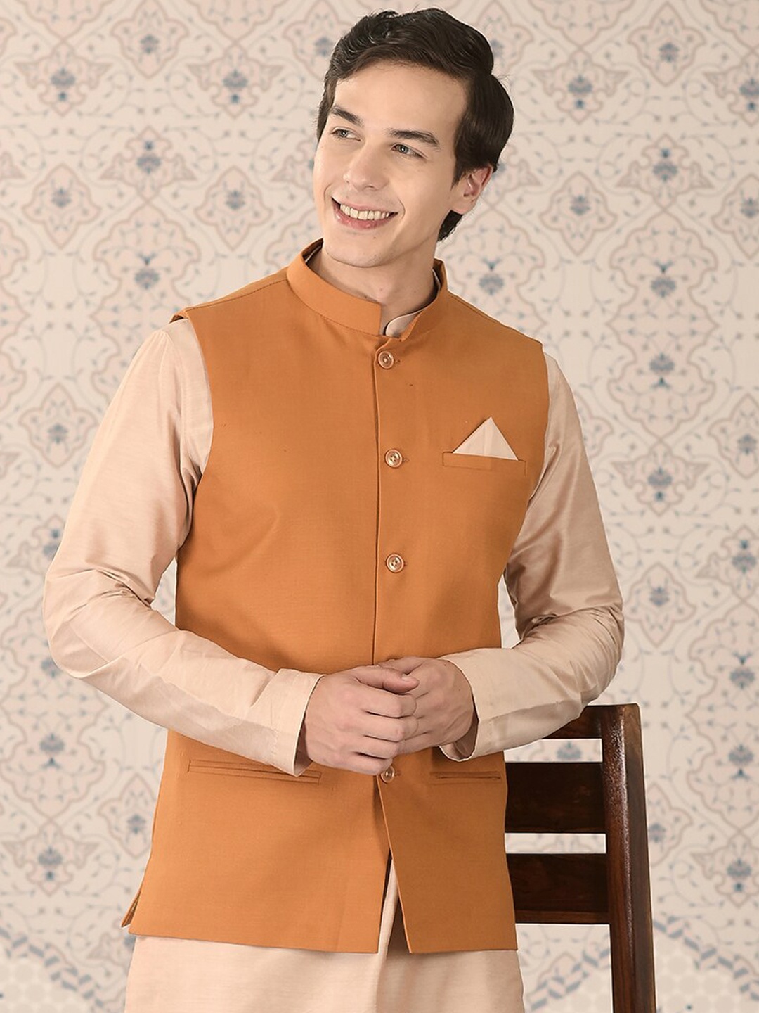 

Ode by House of Pataudi Mandarin Collar Nehru Jackets, Mustard