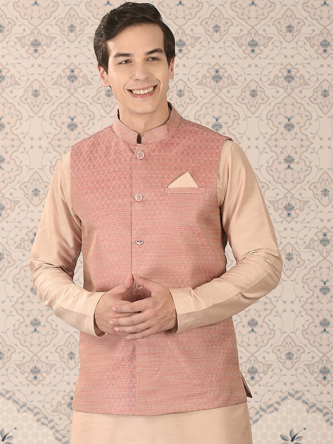 

Ode by House of Pataudi Woven Design Nehru Jackets, Pink