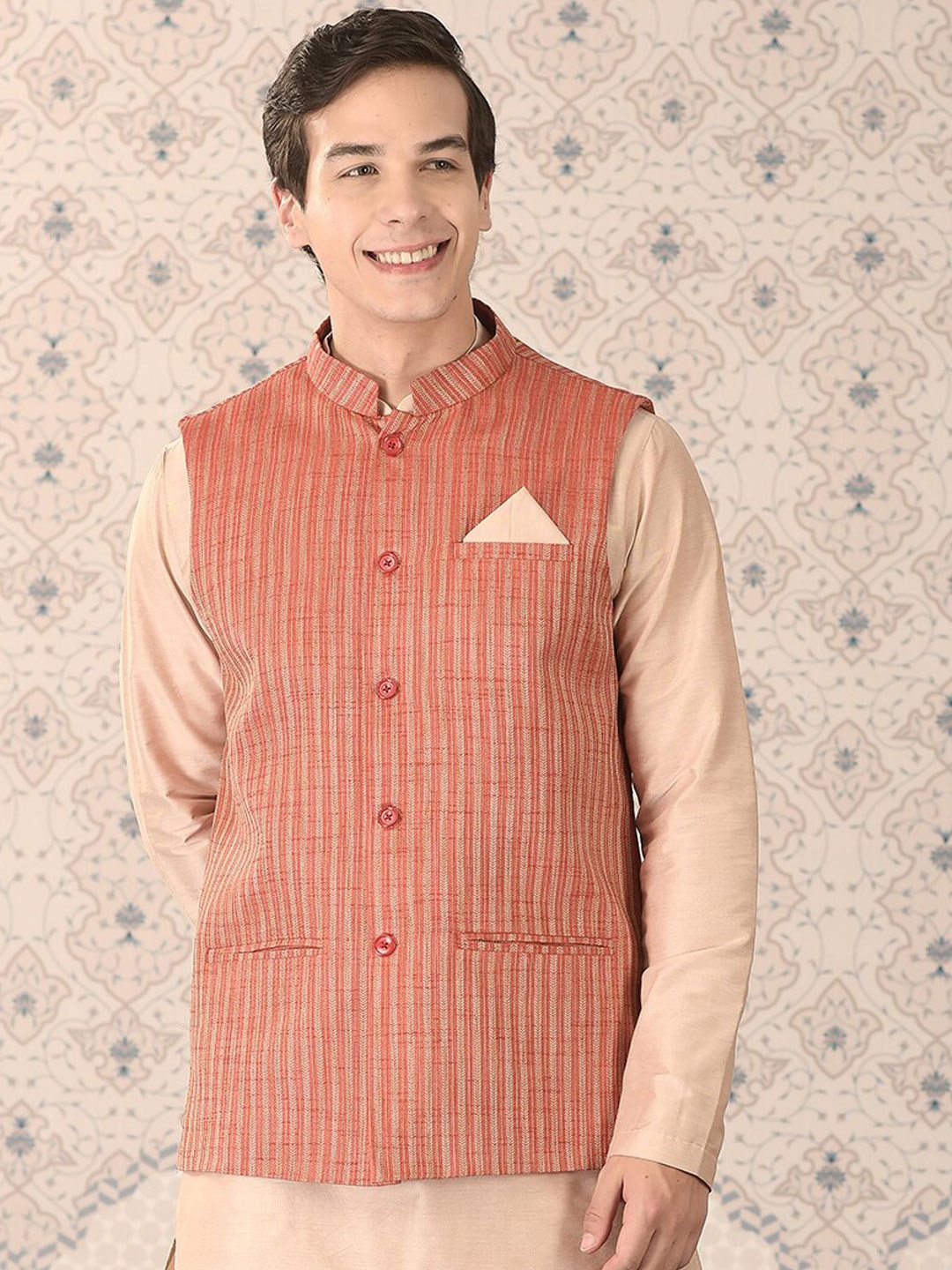 

Ode by House of Pataudi Red Woven Design Mandarin Collar Nehru Jacket