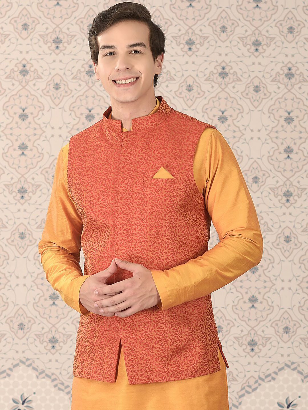 

Ode by House of Pataudi Red Woven Design Mandarin Collar Nehru Jacket