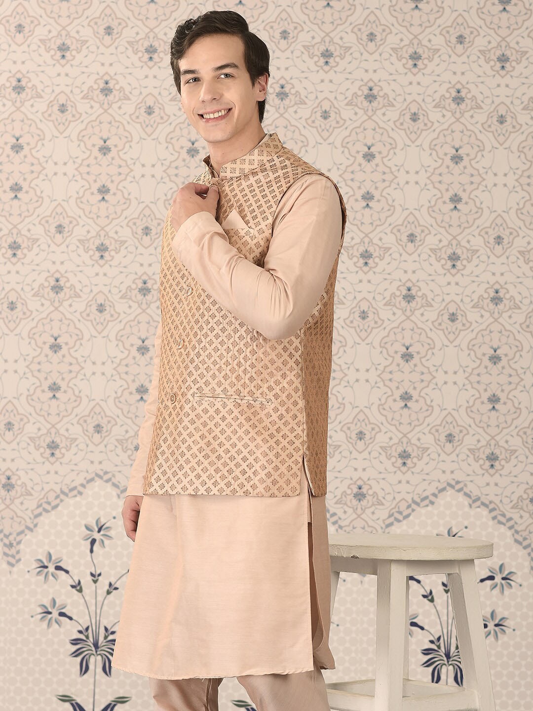 

Ode by House of Pataudi Woven Design Nehru Jackets, Cream
