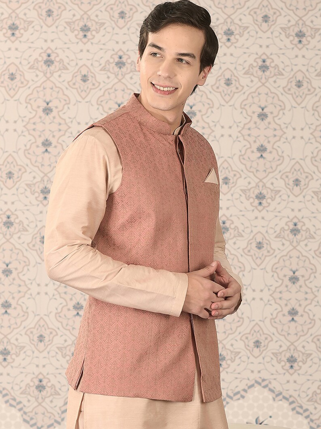 

Ode by House of Pataudi Woven Design Nehru Jackets, Peach