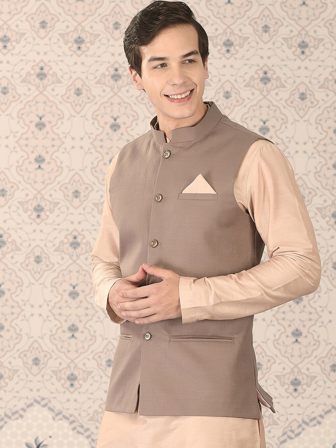 

Ode by House of Pataudi Mandarin Collar Nehru Jackets, Khaki