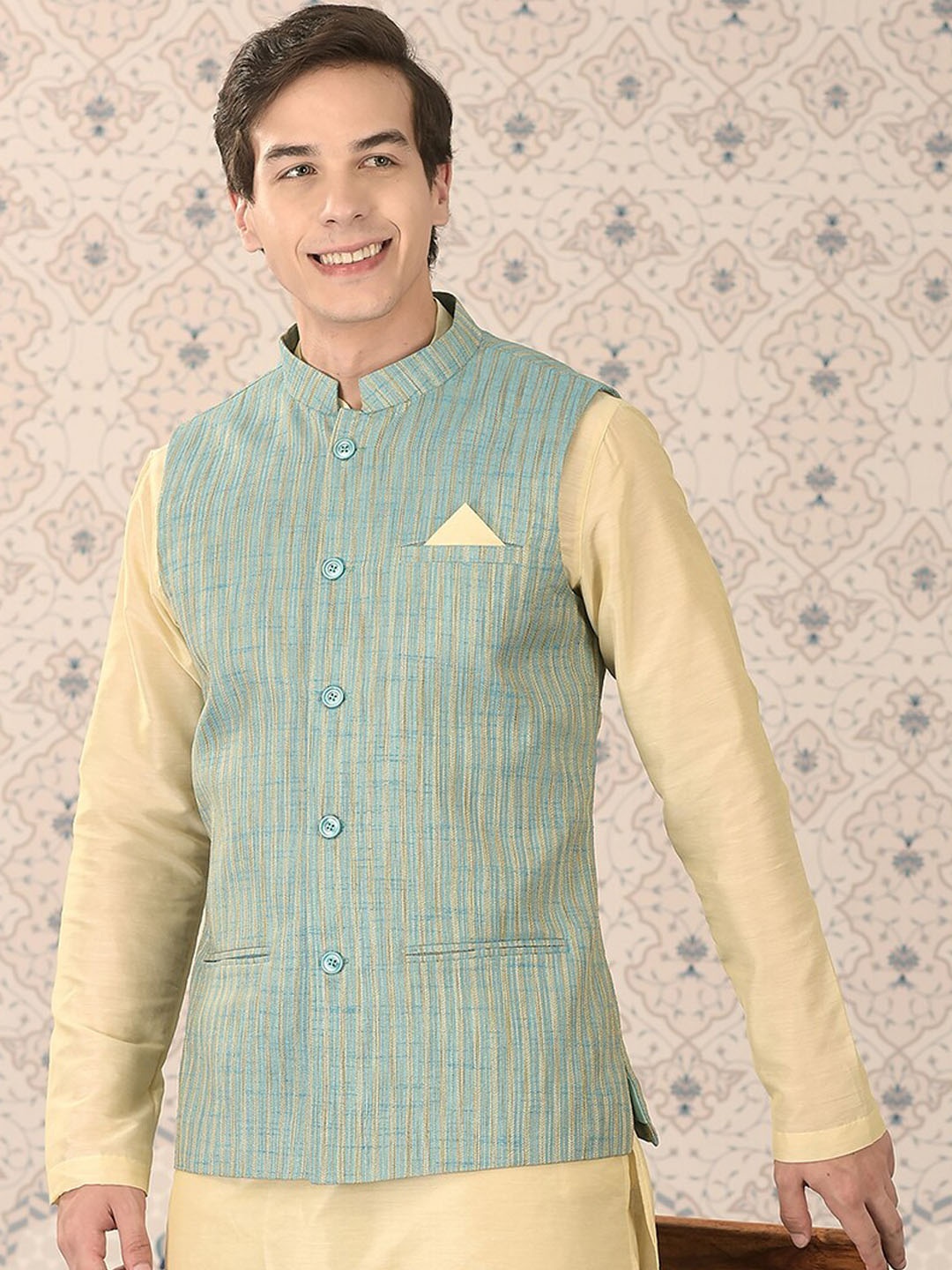 

Ode by House of Pataudi Woven Design Nehru Jackets, Blue