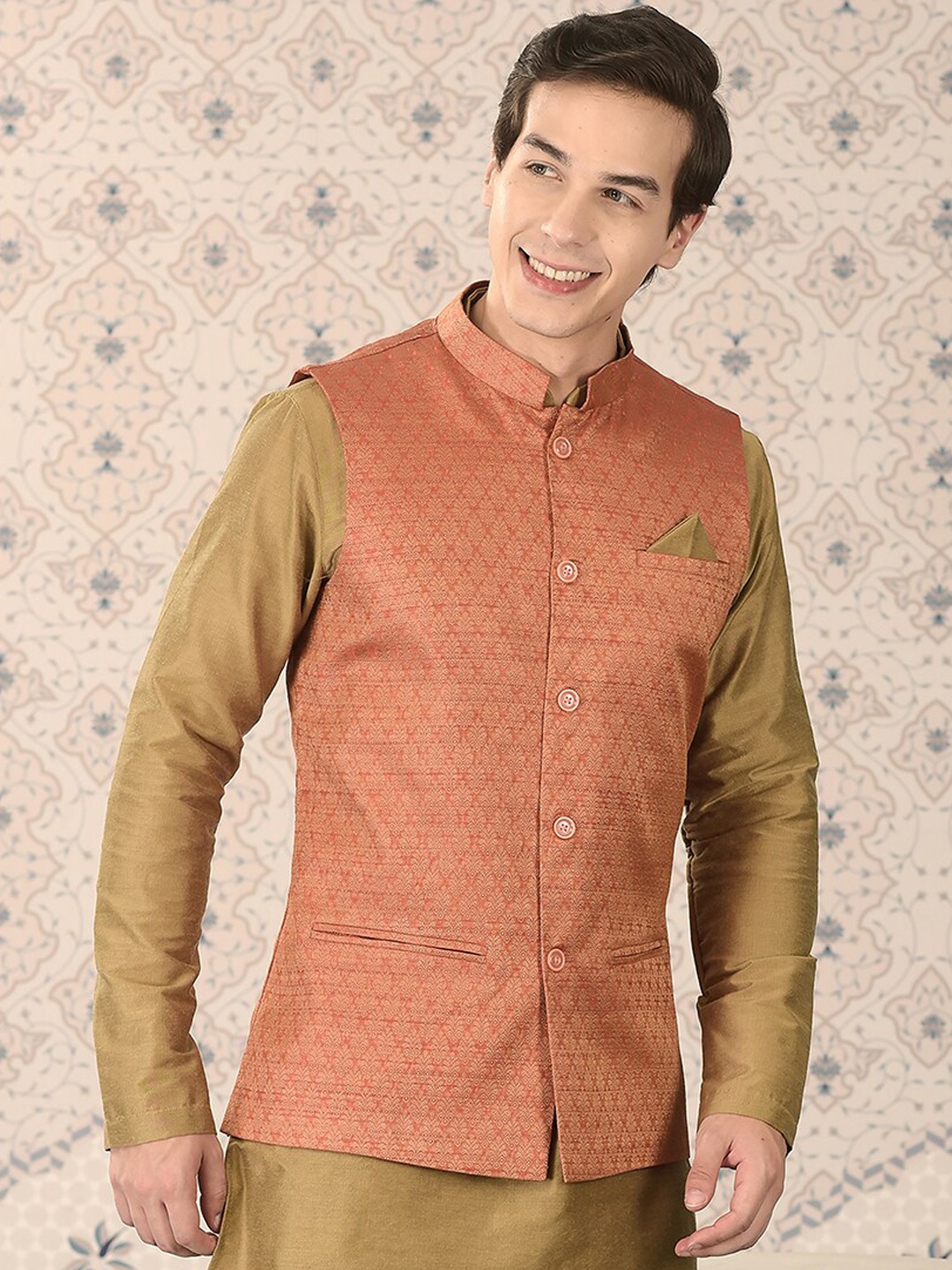 

Ode by House of Pataudi Red Woven Design Mandarin Collar Nehru Jacket