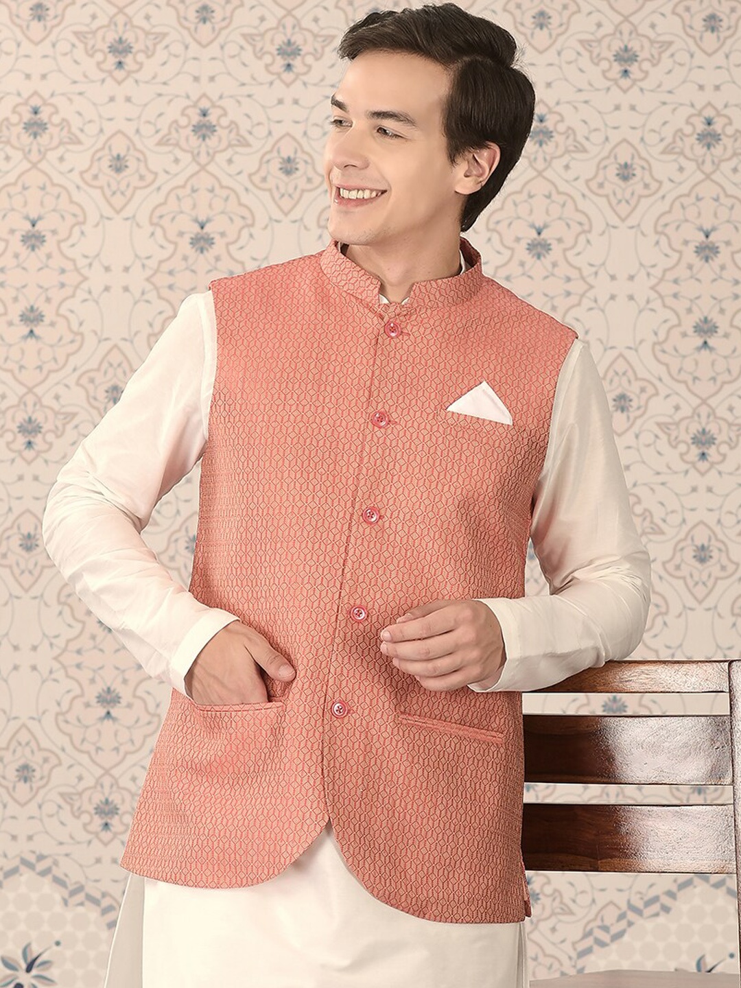 

Ode by House of Pataudi Coral Woven Design Mandarin Collar Nehru Jacket
