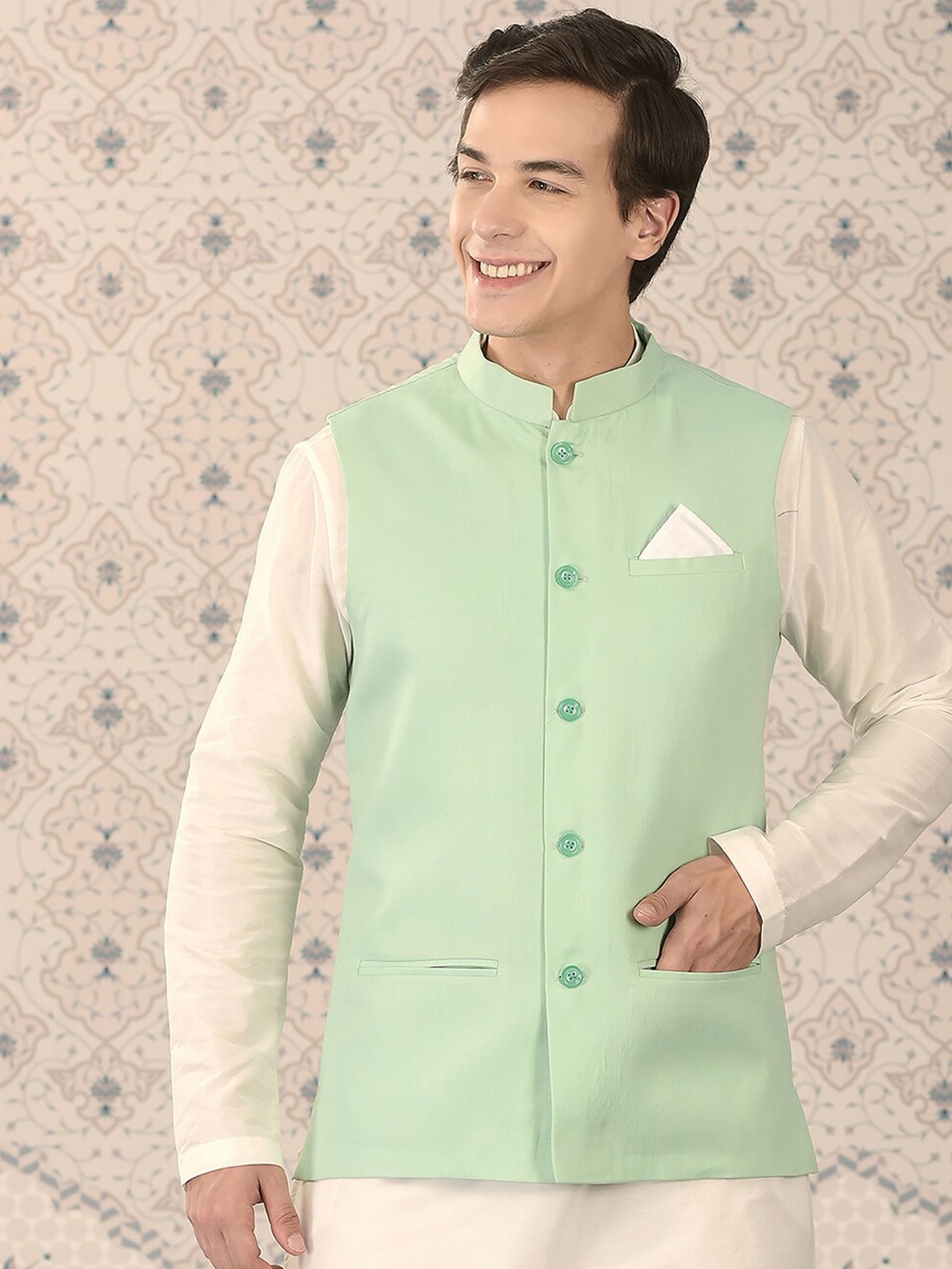 

Ode by House of Pataudi Sea Green Woven Design Nehru Jacket